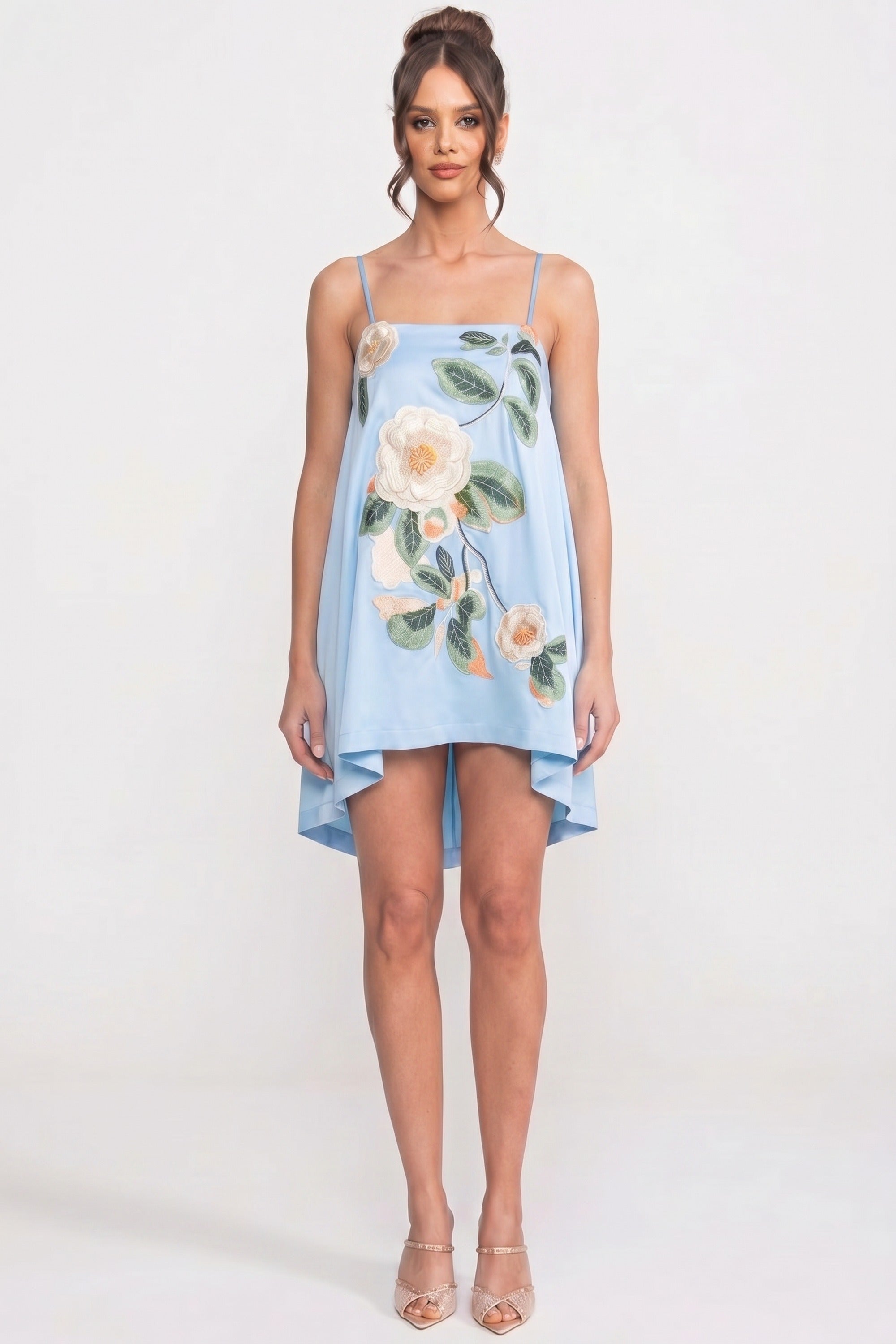 Spaghetti-Strap Mini Dress With 3D Floral Appliqué And A-Line Skirt - Blue