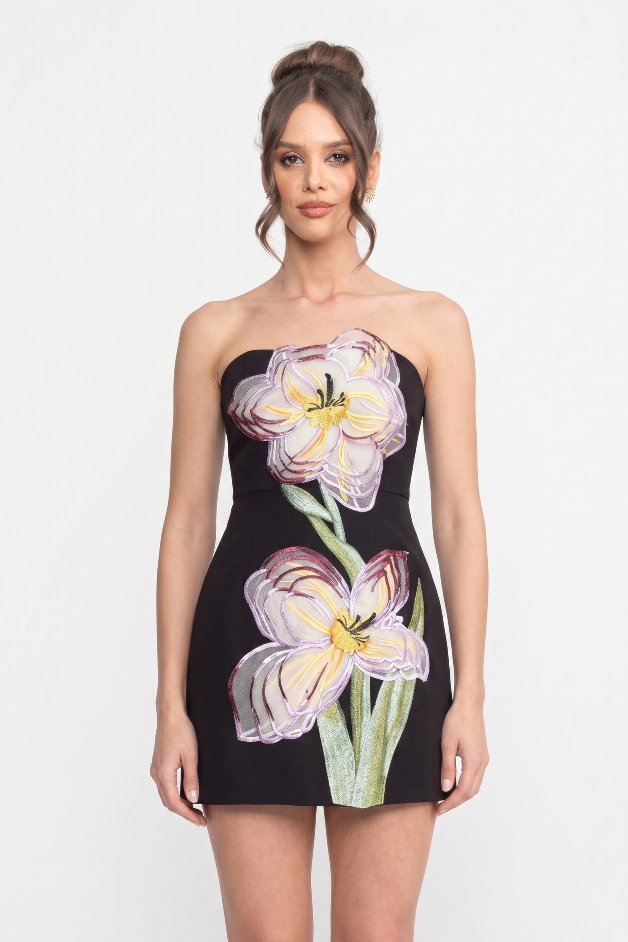 Rochie mini fără bretele cu aplicație florală iris 3D - Negru