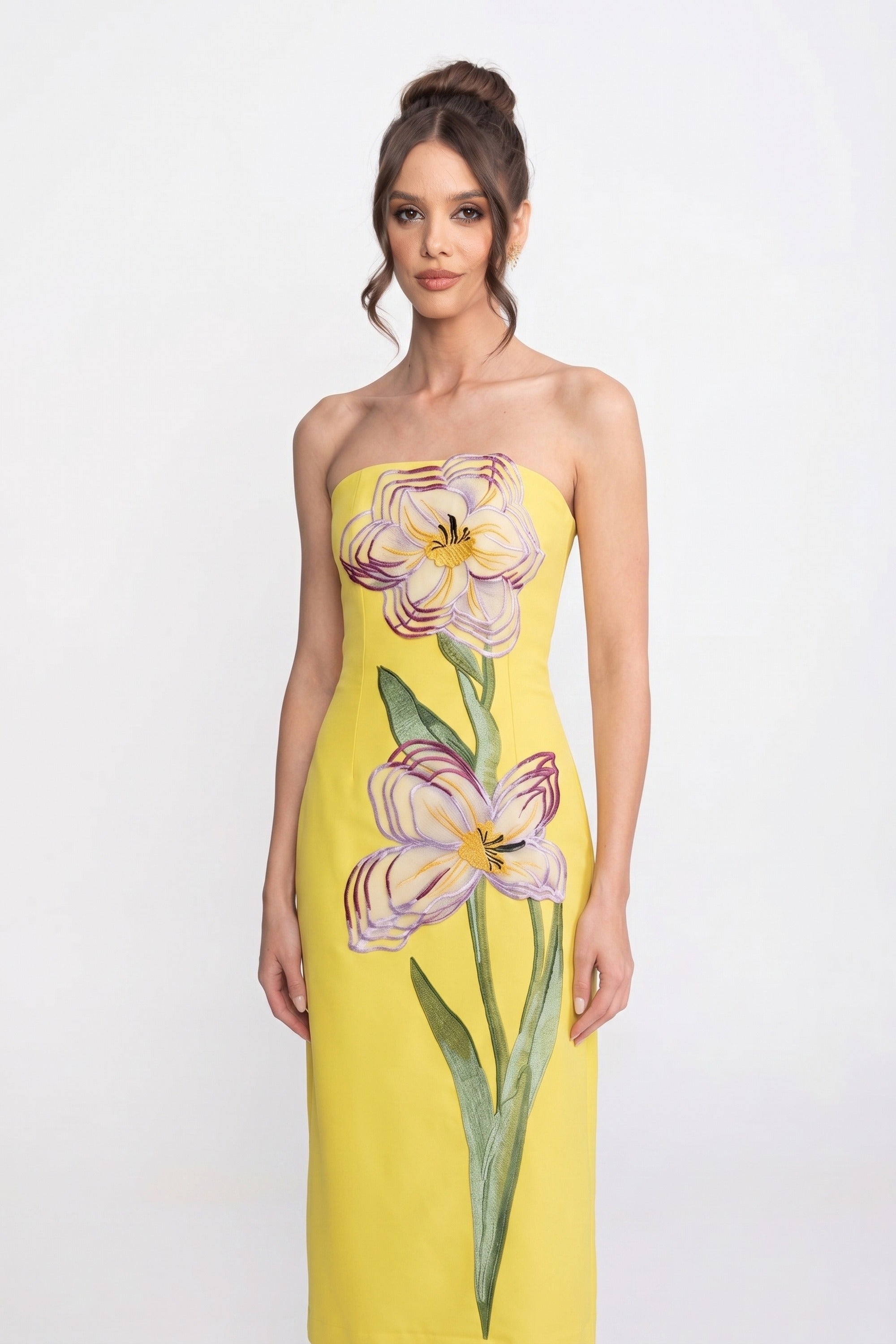 Rochie maxi fără bretele cu imprimeu floral și siluetă columnară - galben