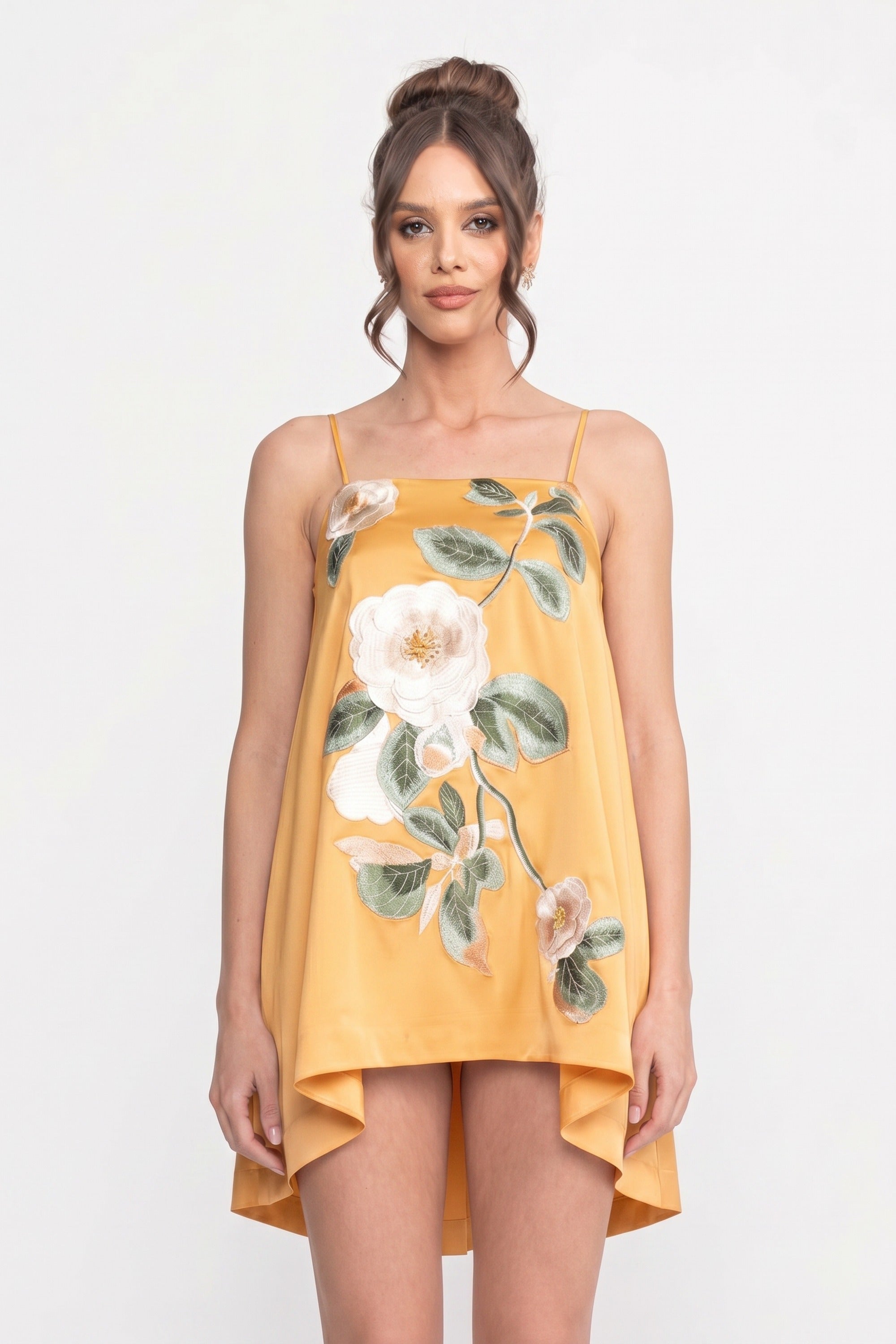 Spaghetti-Strap Mini Dress With 3D Floral Appliqué And A-Line Skirt - Yellow