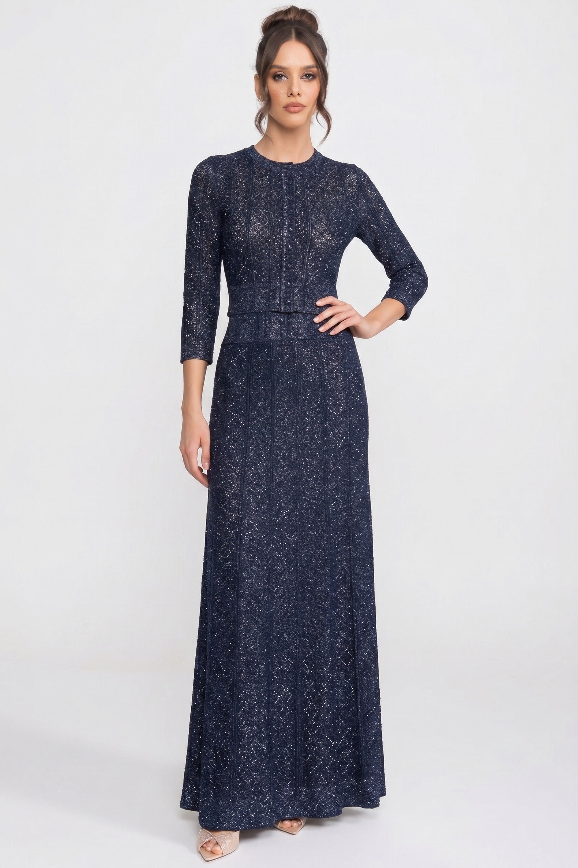 Set Co-Ord din dantelă cu model diamant și mânecă lungă, cu fustă maxi - Navy