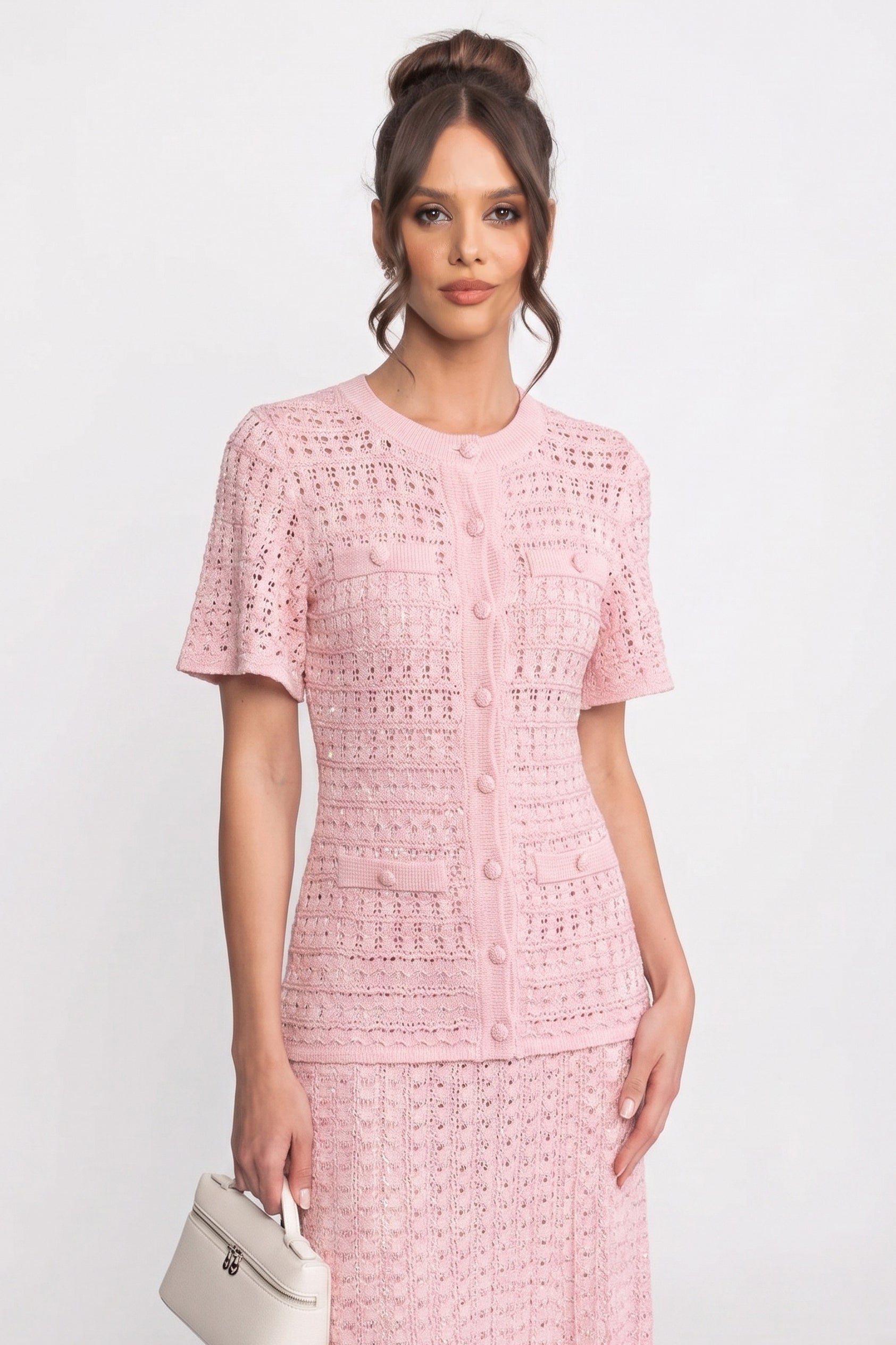 Rochie midi cu mânecă scurtă și textură tricotată cu efect strălucitor - roz