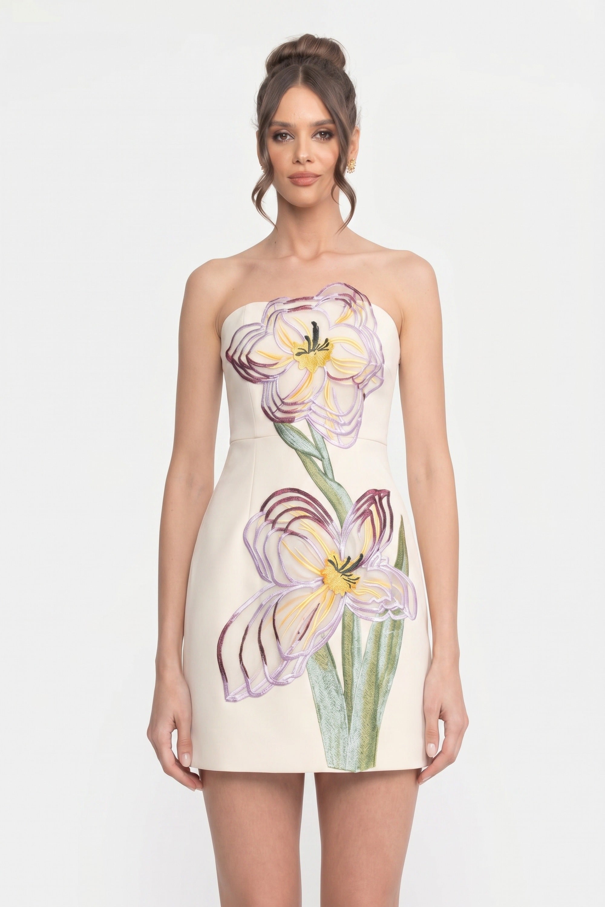 Rochie mini fără bretele cu aplicație florală 3D Iris - Alb