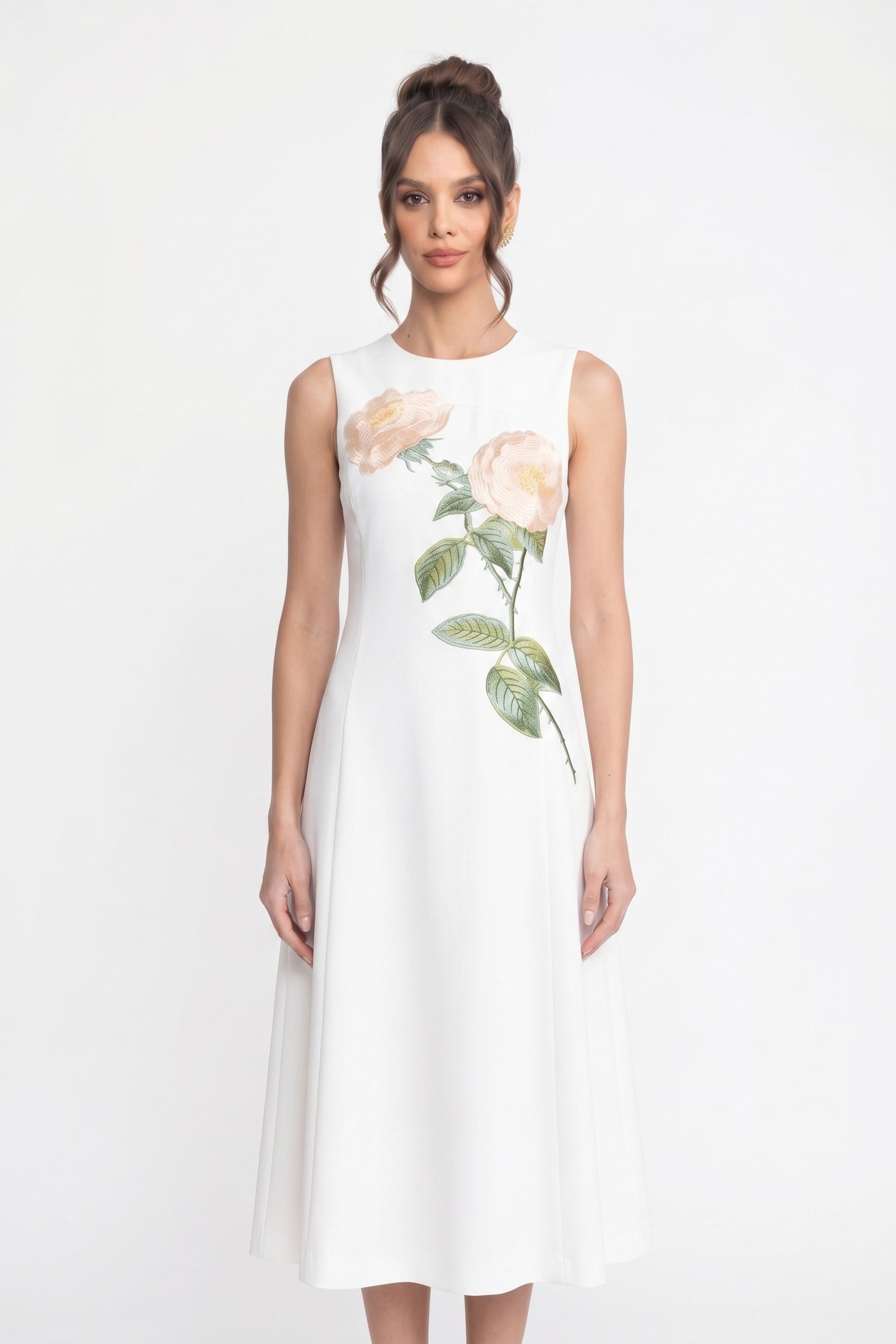 Sleeveless Midi Dress With 3D Floral Appliqué And Full Skirt - White