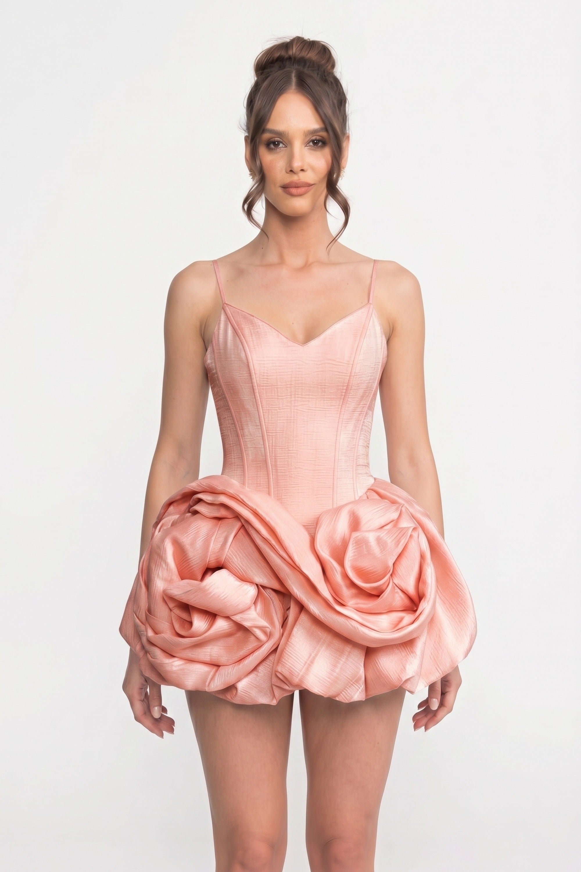 Rochie mini din catifea cu bretele spaghetti și fustă cu trandafir 3D - Roz