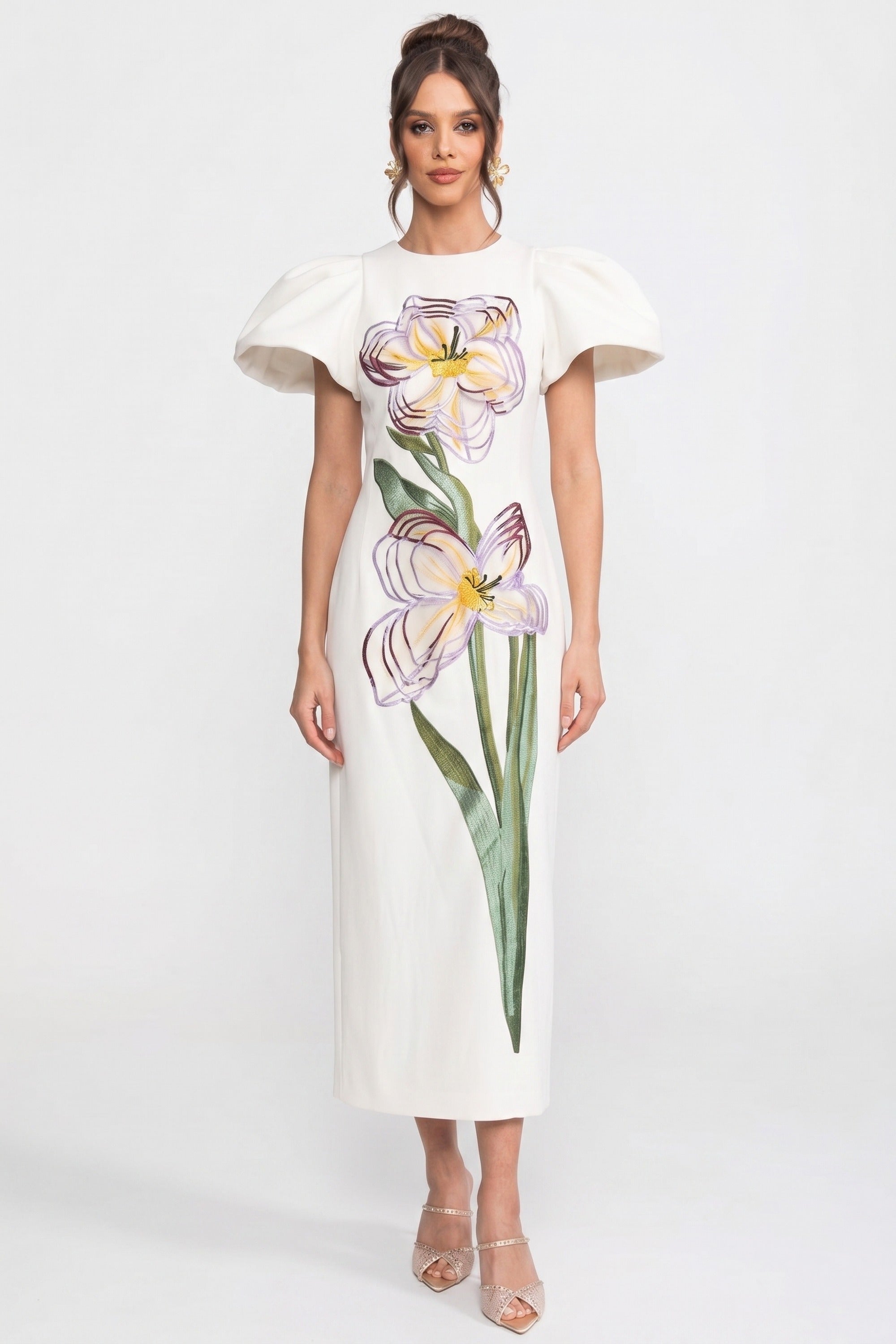Structured Shoulder Maxi Dress With 3D Iris Floral Appliqué - White