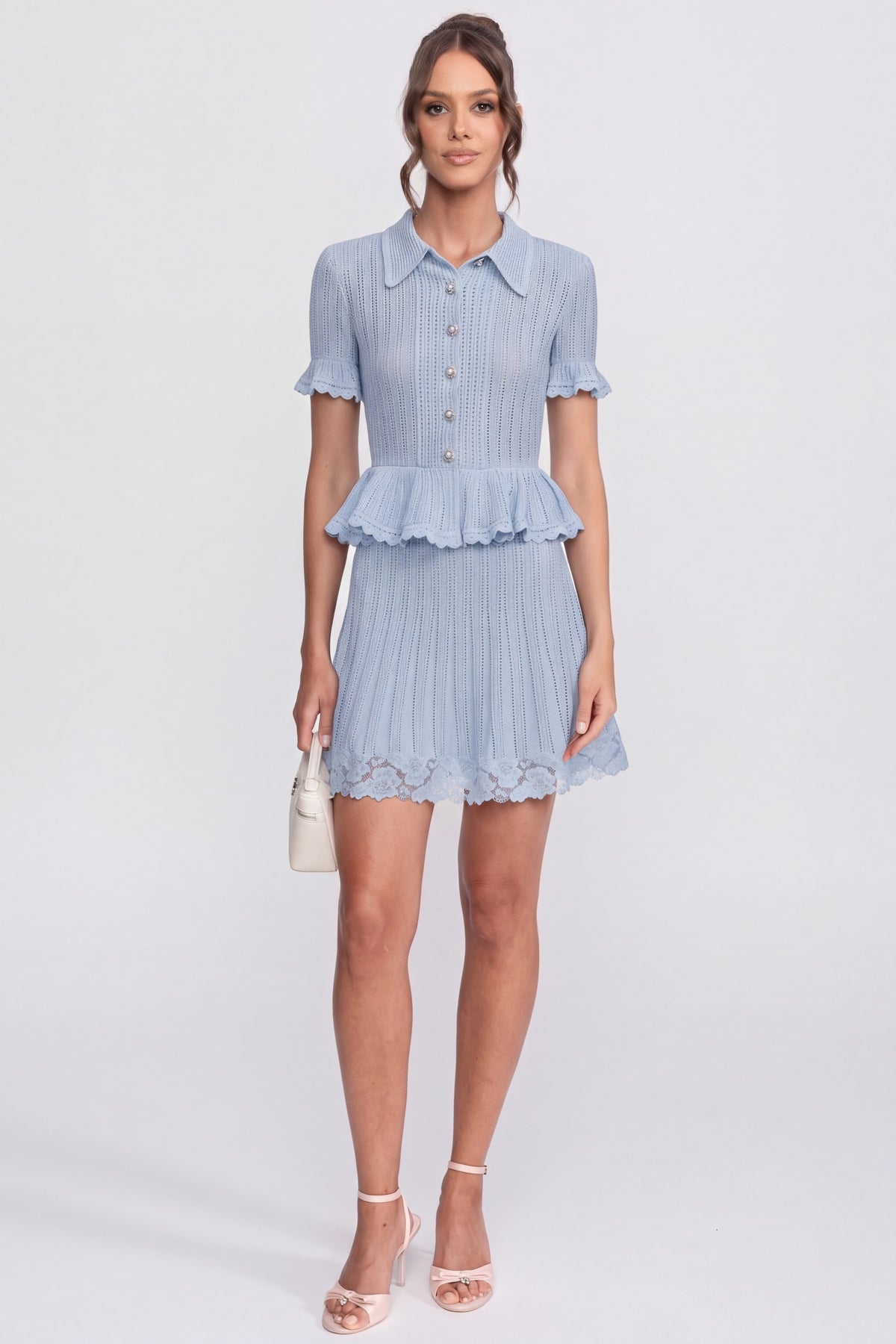 Set cu top cu guler polo și nasturi și mini fustă - Albastru