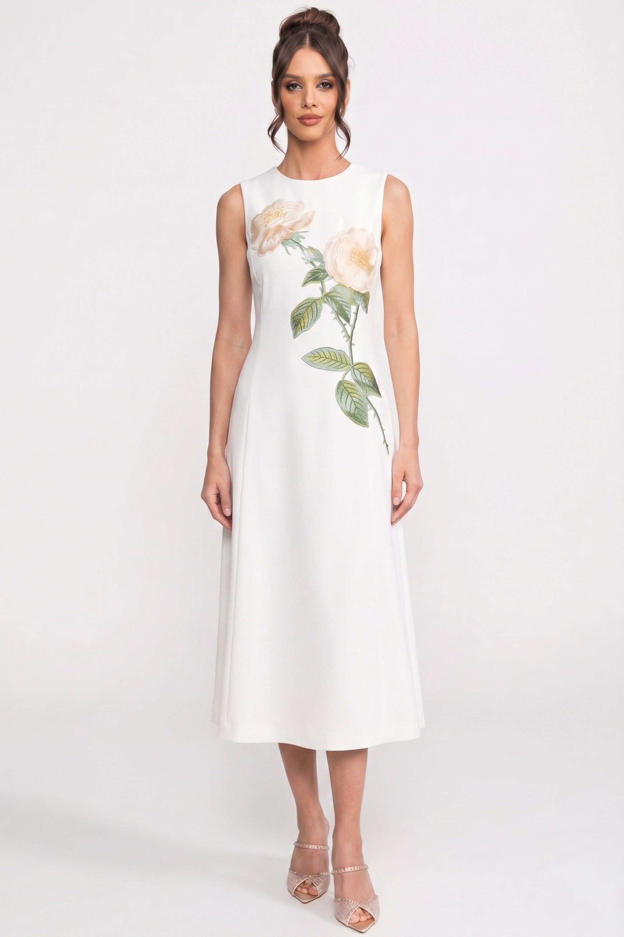 Sleeveless Midi Dress With 3D Floral Appliqué And Full Skirt - White