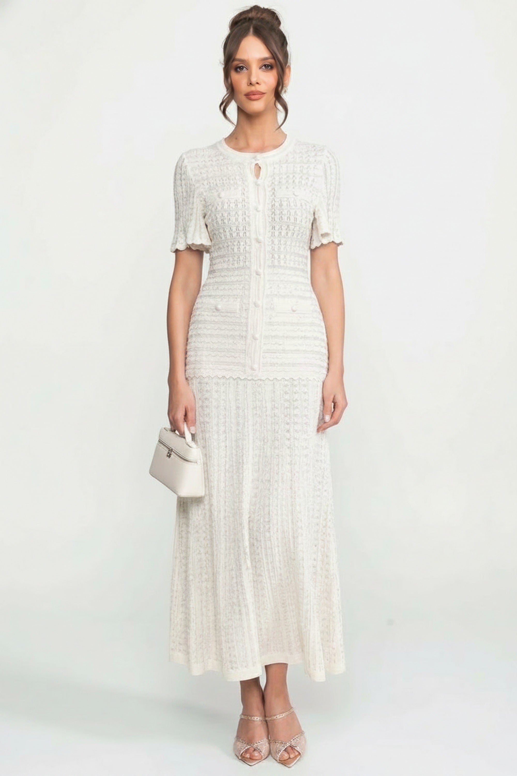 Rochie midi cu mânecă scurtă și textură tricotată cu sclipiri - Alb