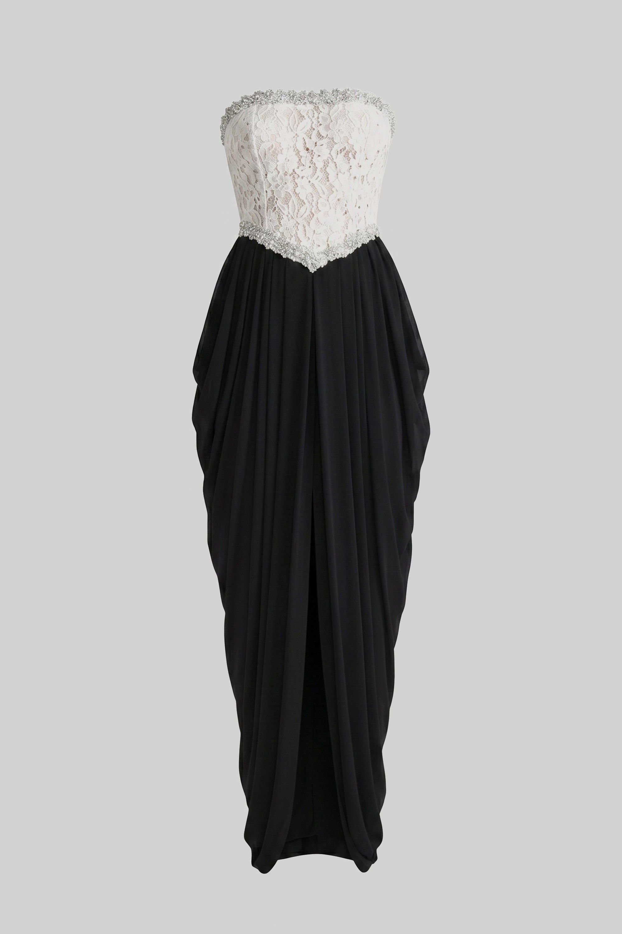Rochie fără bretele cu corset 3D floral și fustă neagră drapată - Alb+Negru