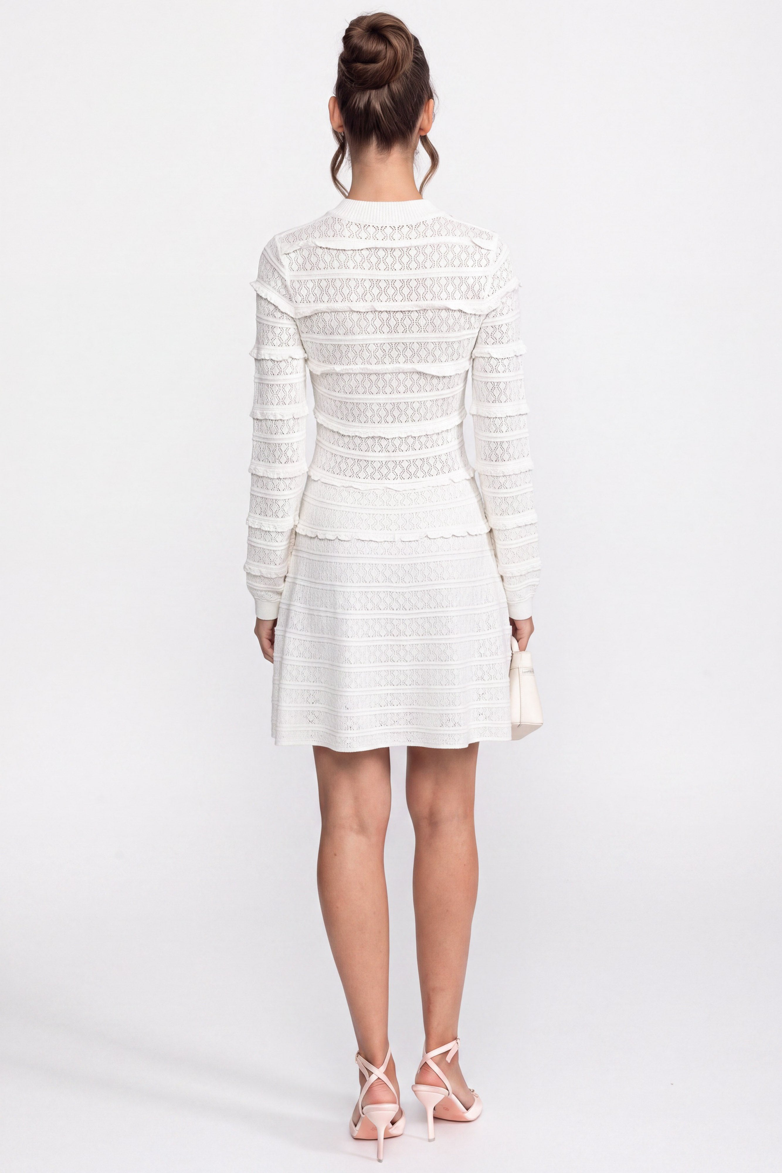 Button Front Knit Fit And Flare Dress With Crystal Buttons - White