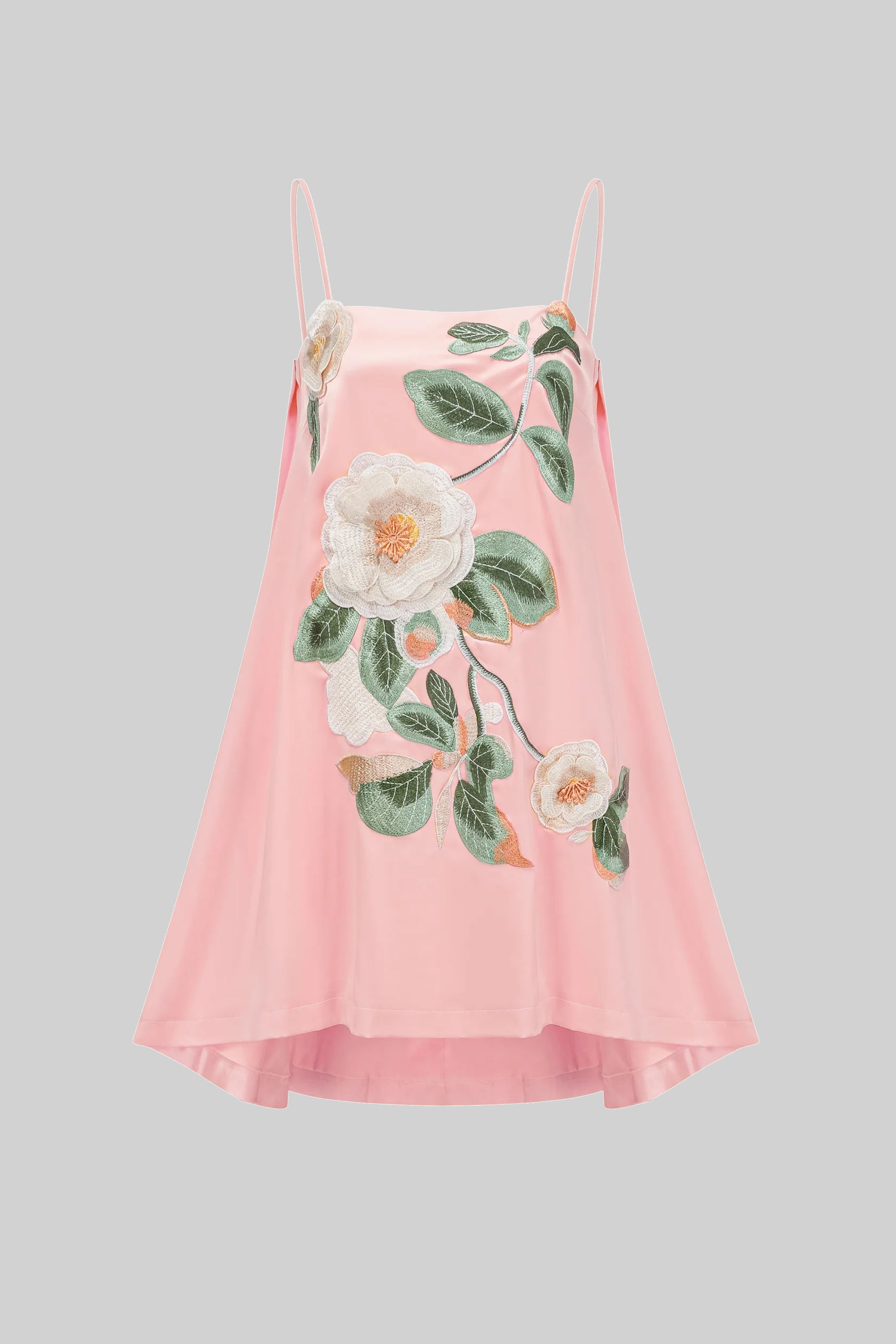 Rochie mini cu bretele spaghetti, cu aplicație florală 3D și fustă în linie A - roz