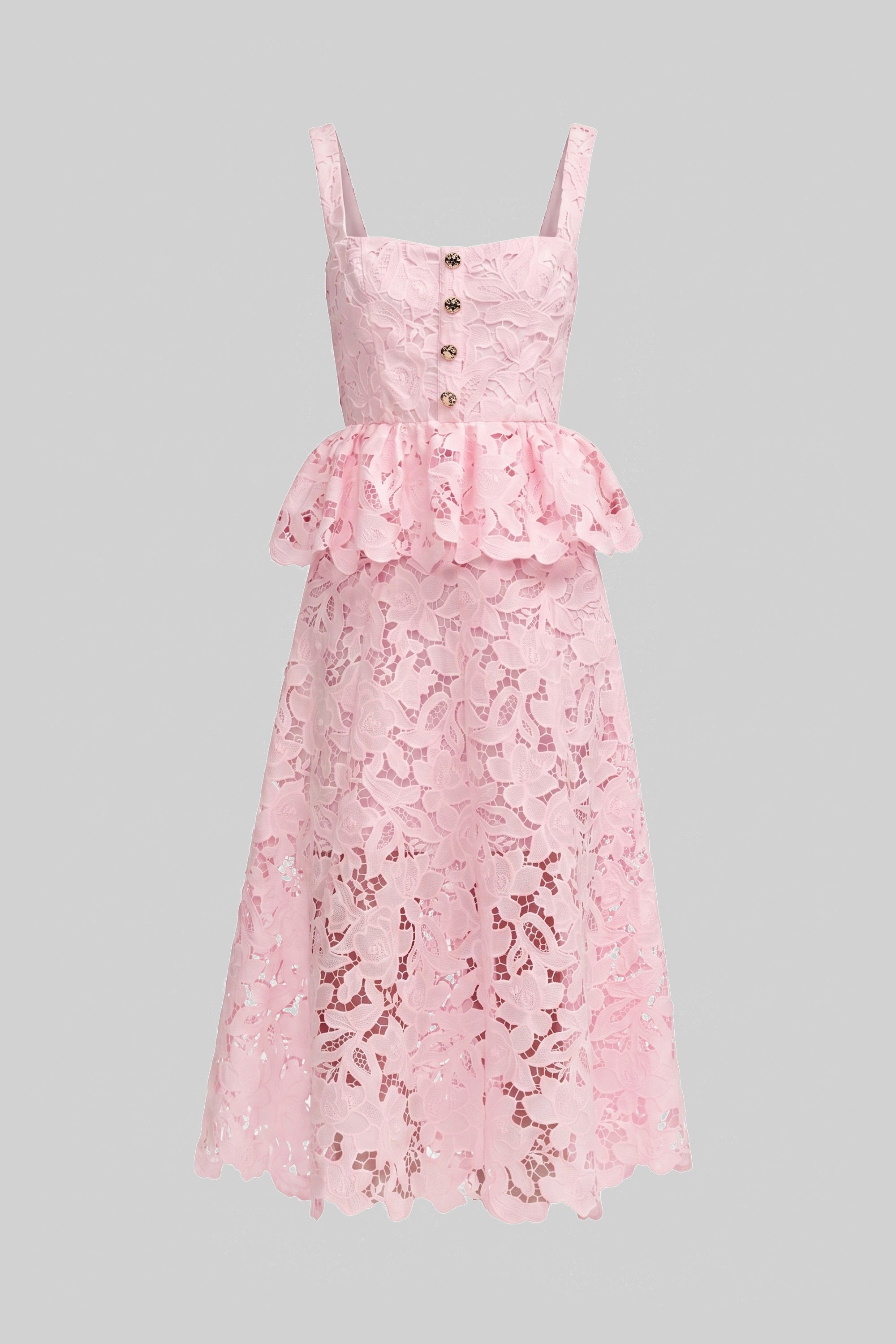 Rochie fără mâneci din dantelă cu peplum, fustă midi și nasturi aurii - Roz