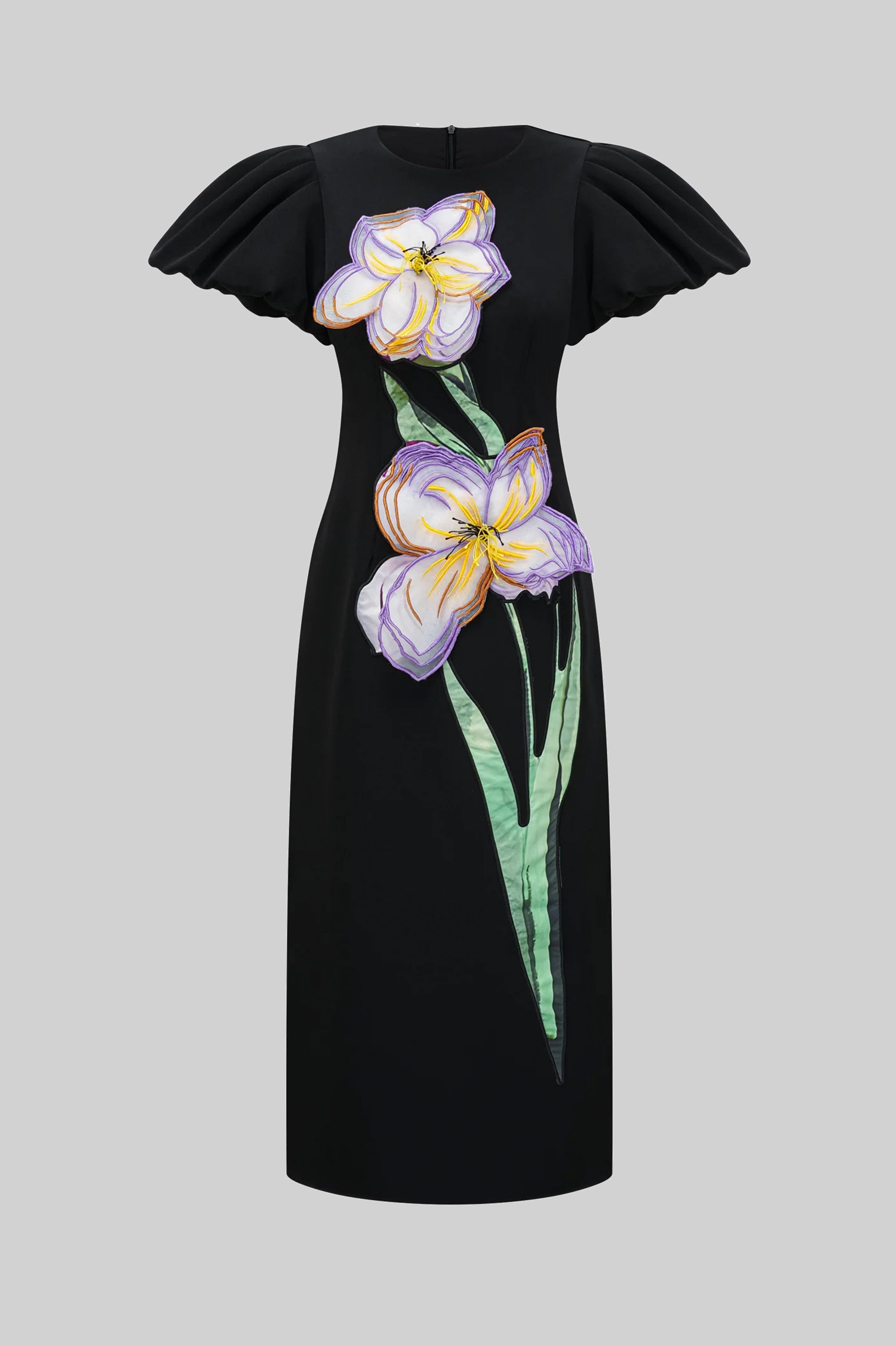 Rochie maxi structurată cu umeri accentuați și aplicații florale 3D Iris - Negru
