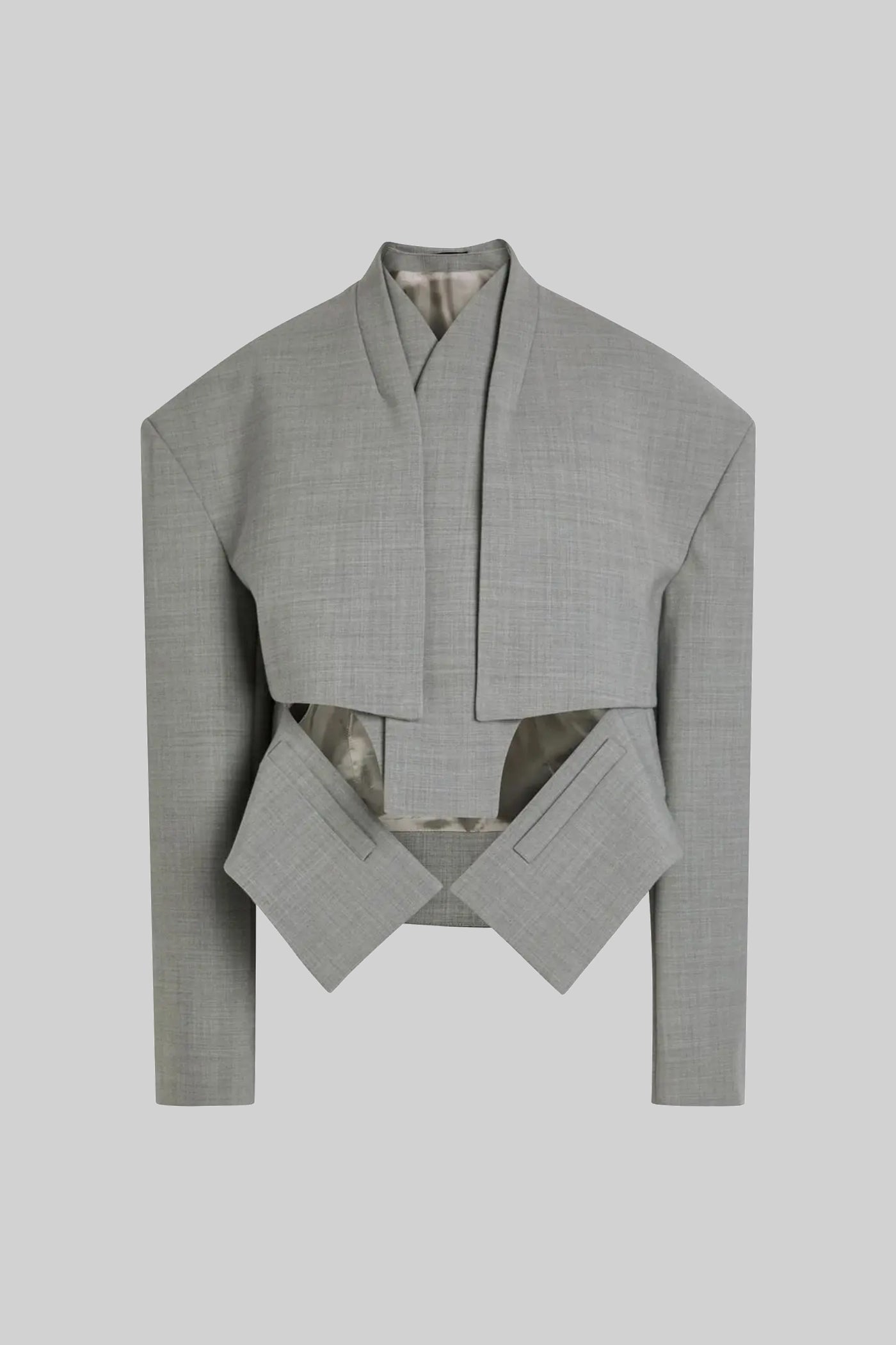 Cropped Long Sleeve Blazer With Cut-Out Waist Detail - Gray