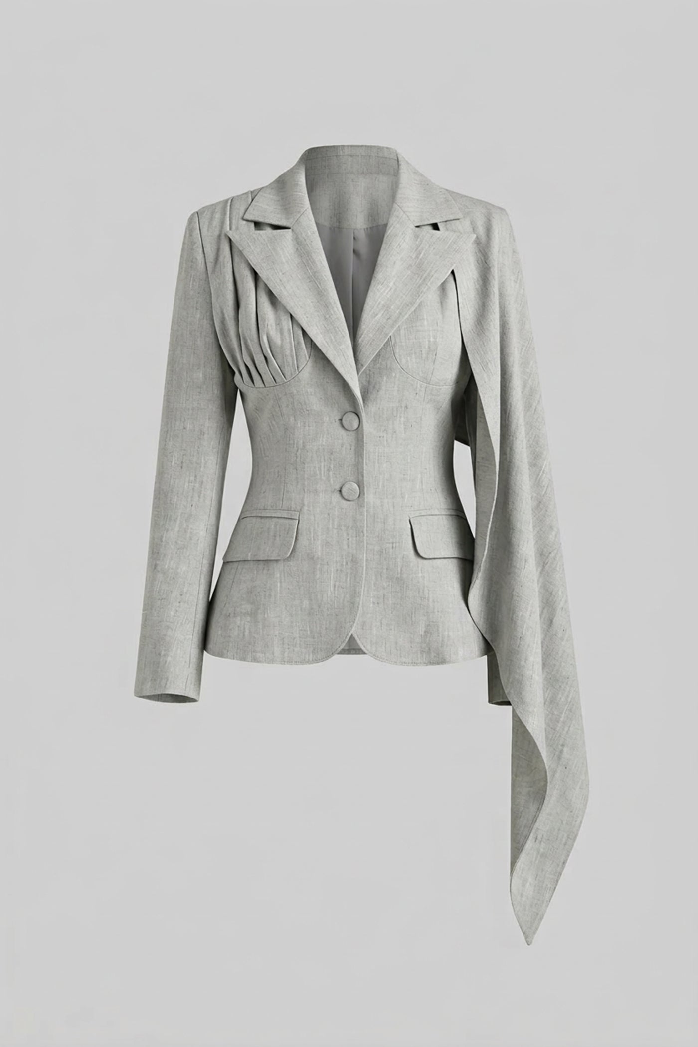 Tailored Long Sleeve Blazer With Draped Cape Panel - Gray