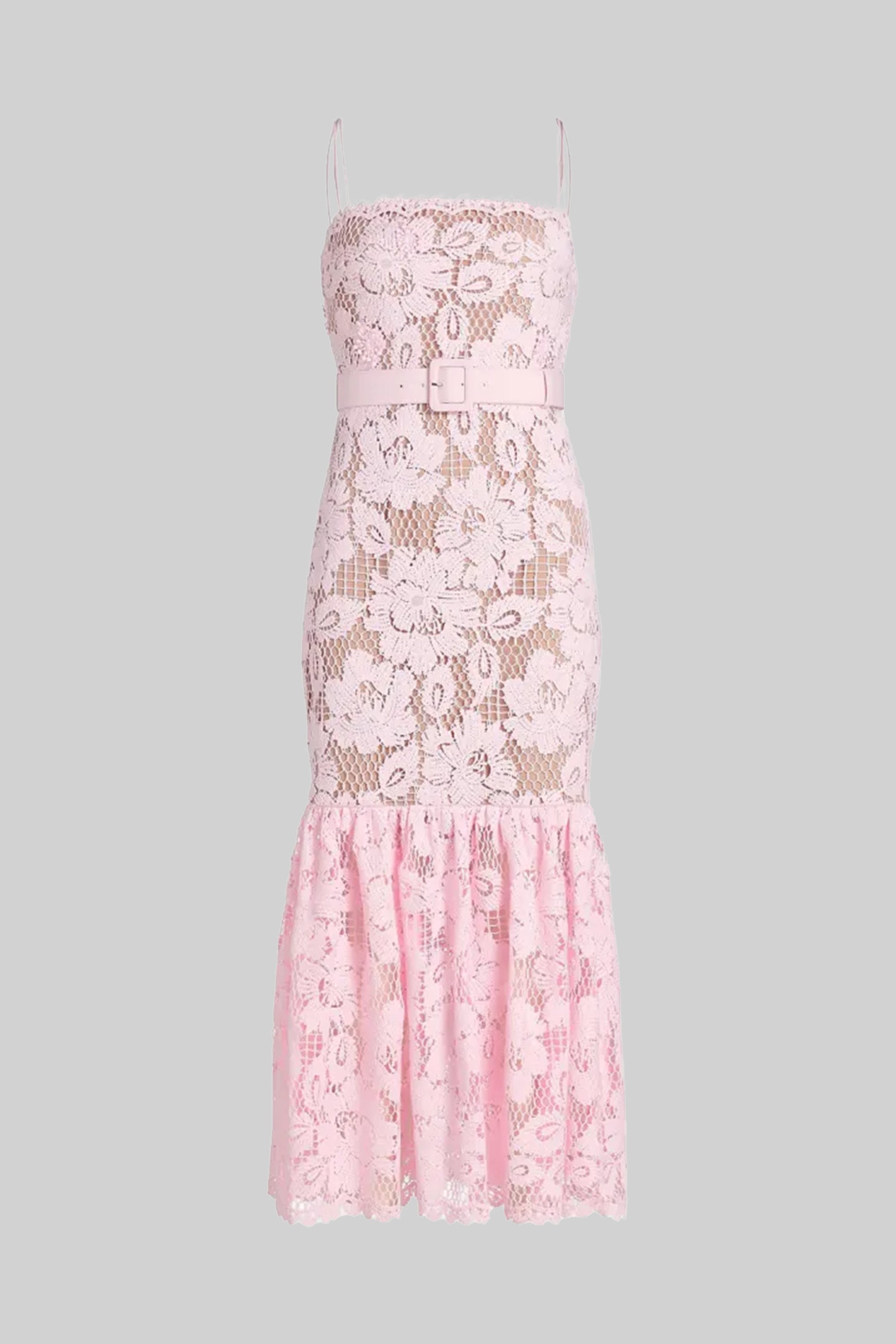 Rochie midi din dantelă cu talie marcată de curea și tiv evazat - Roz