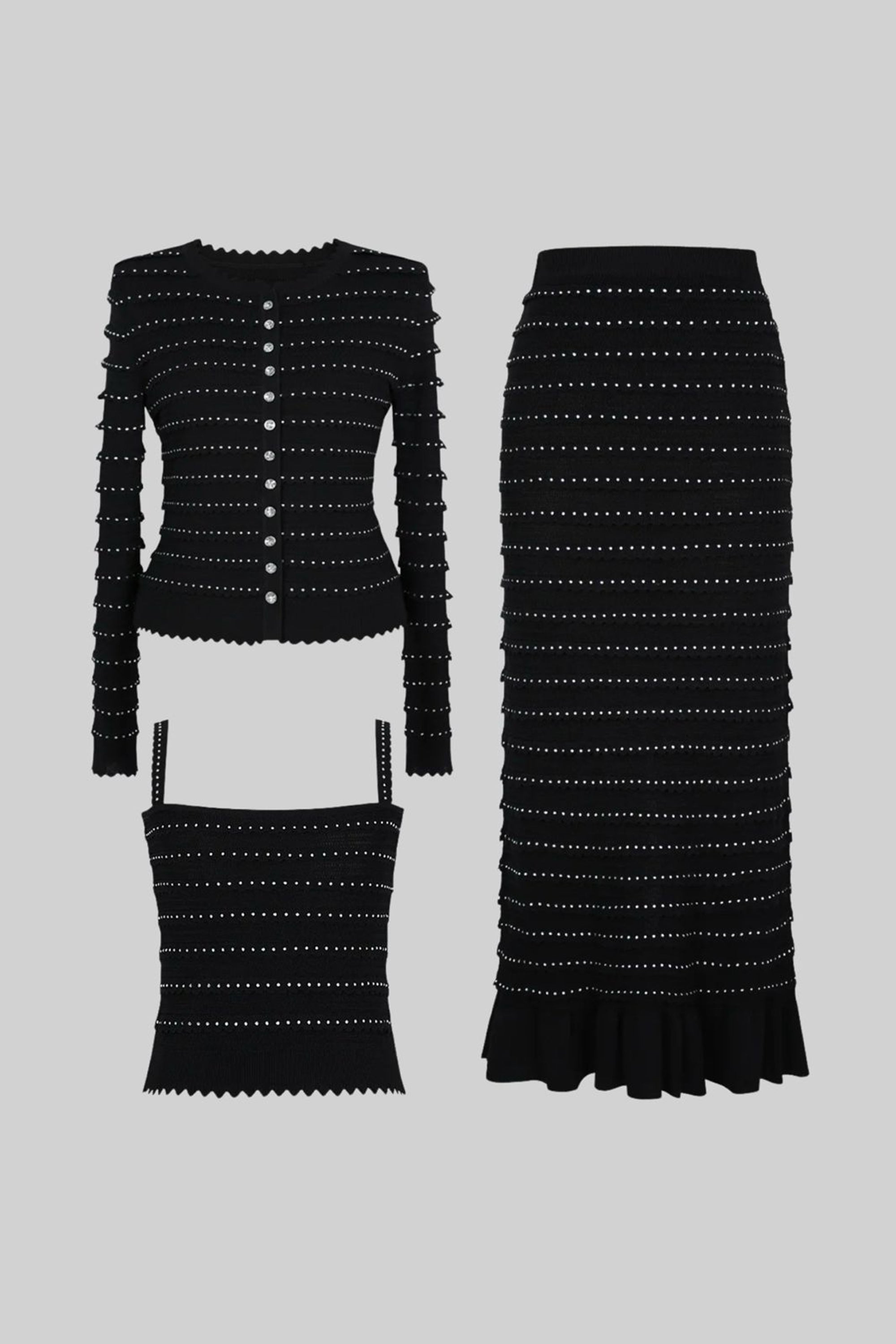 Set tricotat Co-Ord cu textură în dungi Pointelle și ornamente sclipitoare - Negru