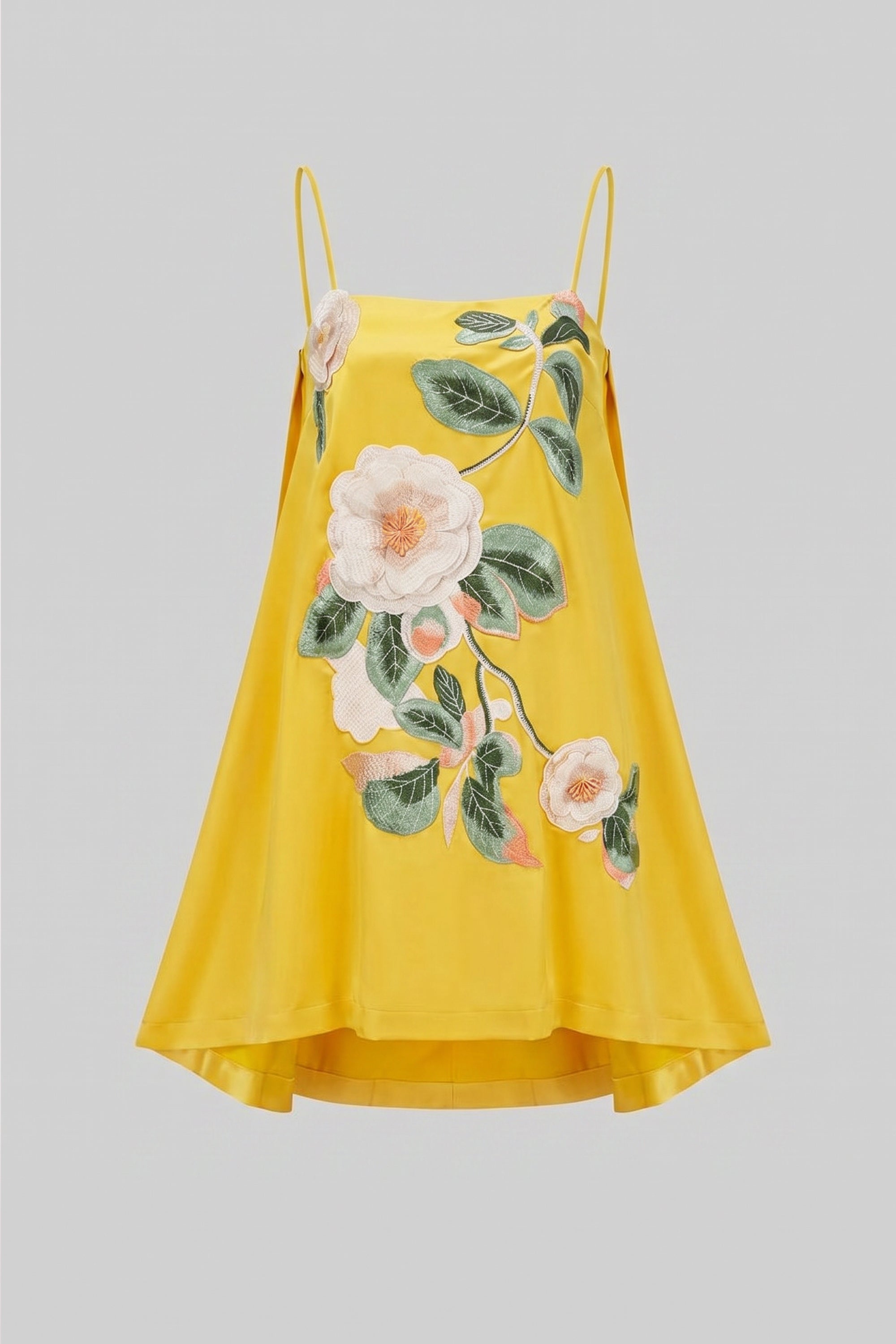 Rochie mini cu bretele spaghetti, cu aplicație florală 3D și fustă în A - Galben