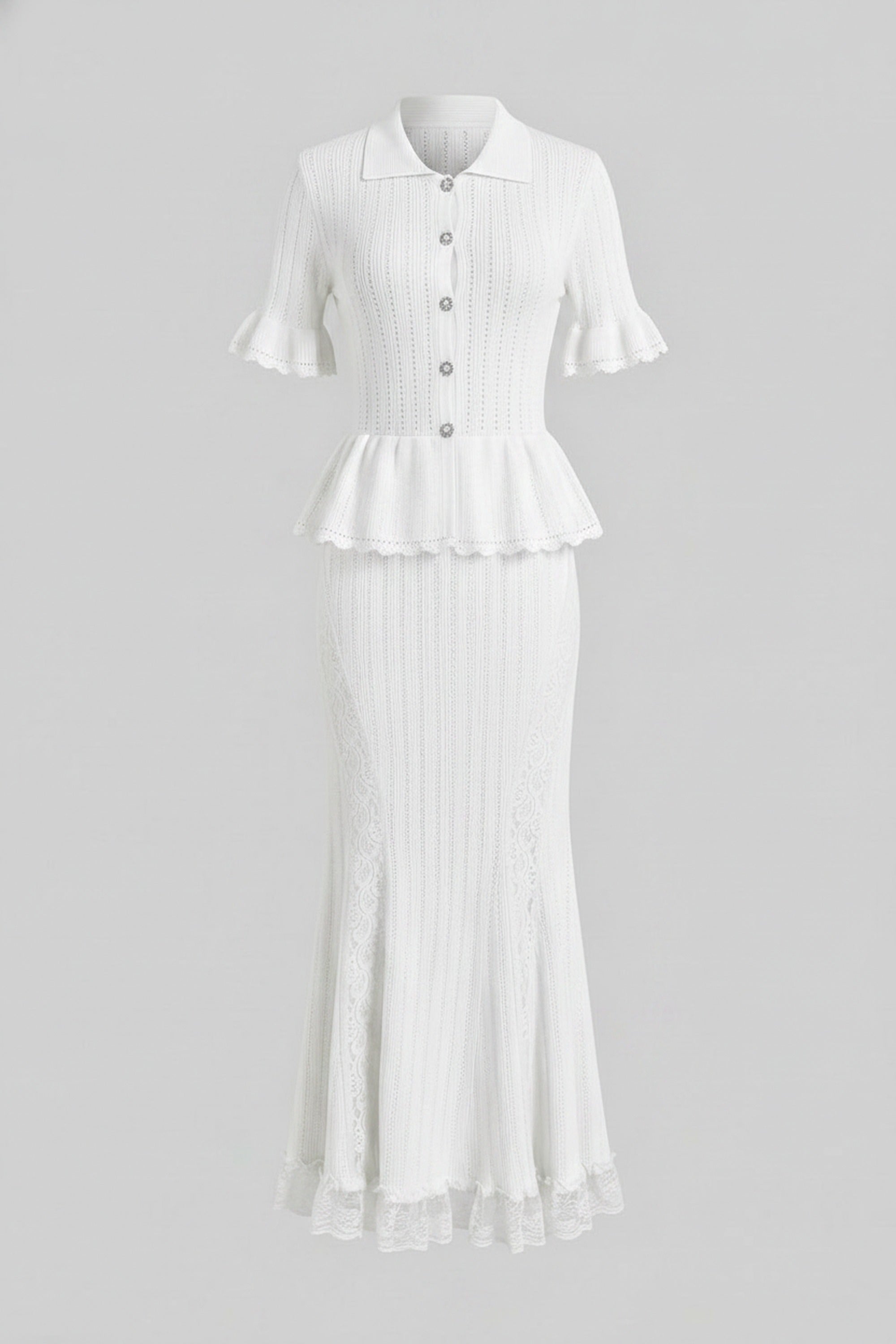 Peter-Pan Collar Knit Peplum Maxi Dress With Lace Hem - White
