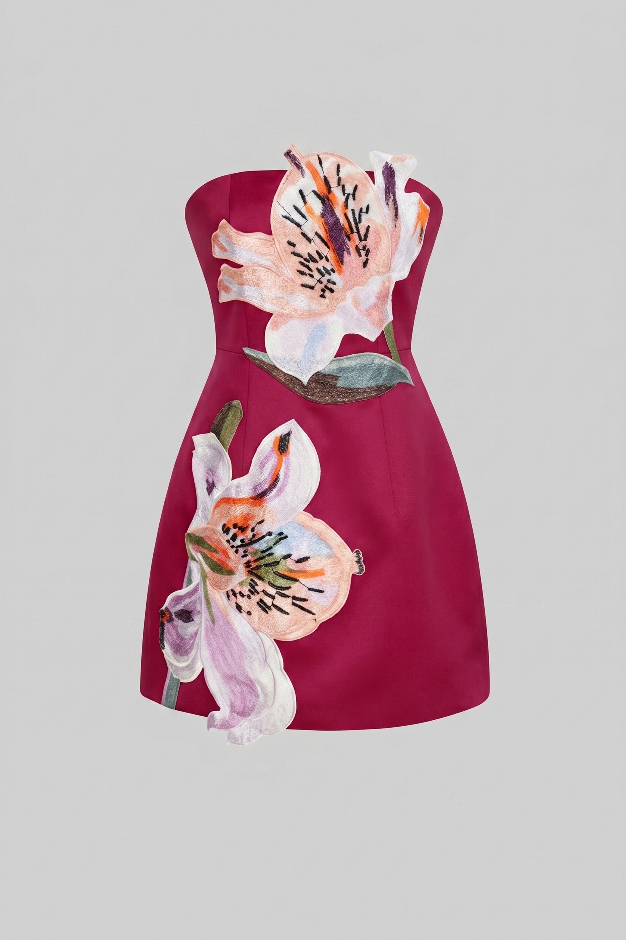 Rochie mini cu imprimeu floral, fără bretele, cu corset structurat - roșu