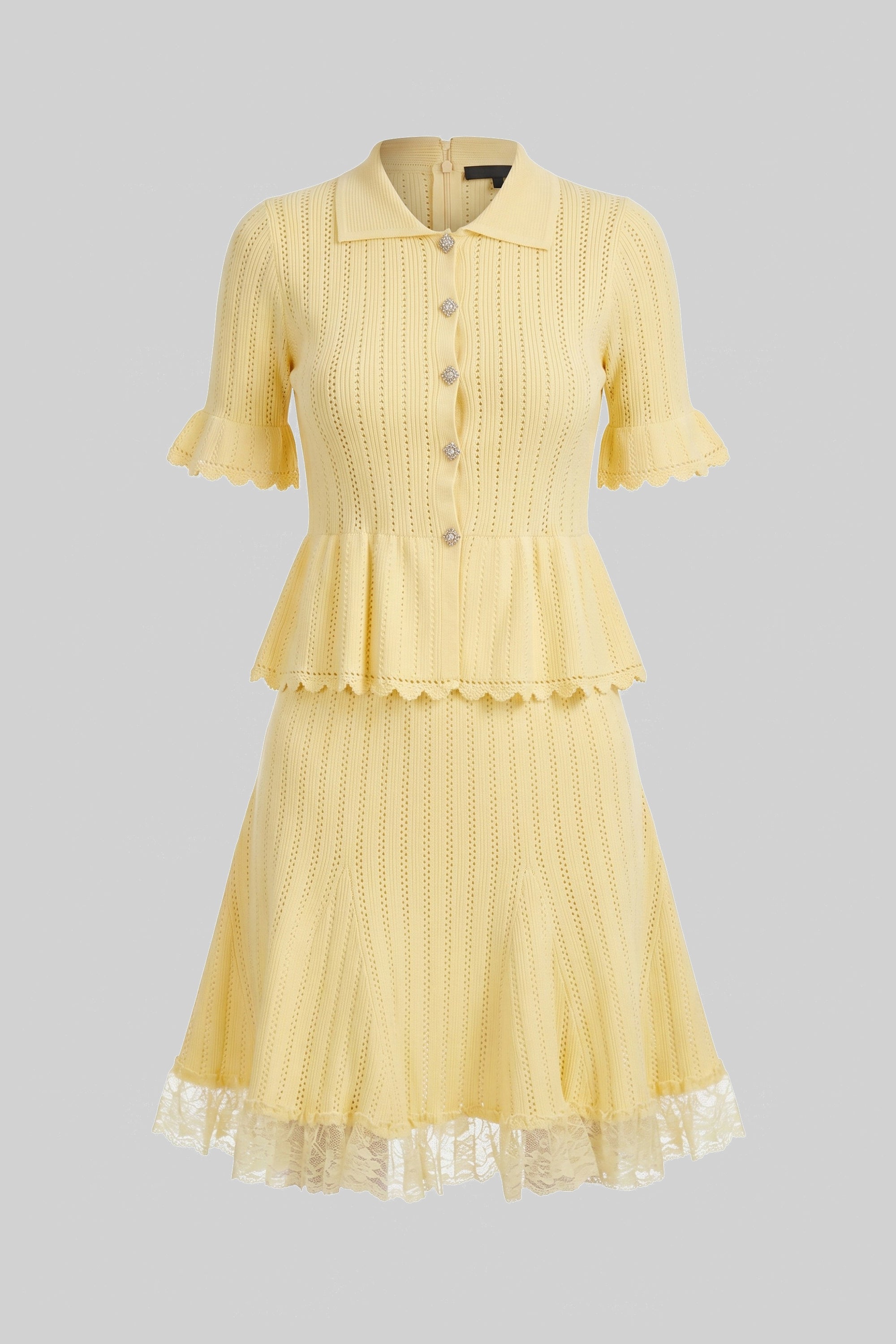 Rochie mini tricotată Peplum cu guler Peter Pan și tiv din dantelă - Galben