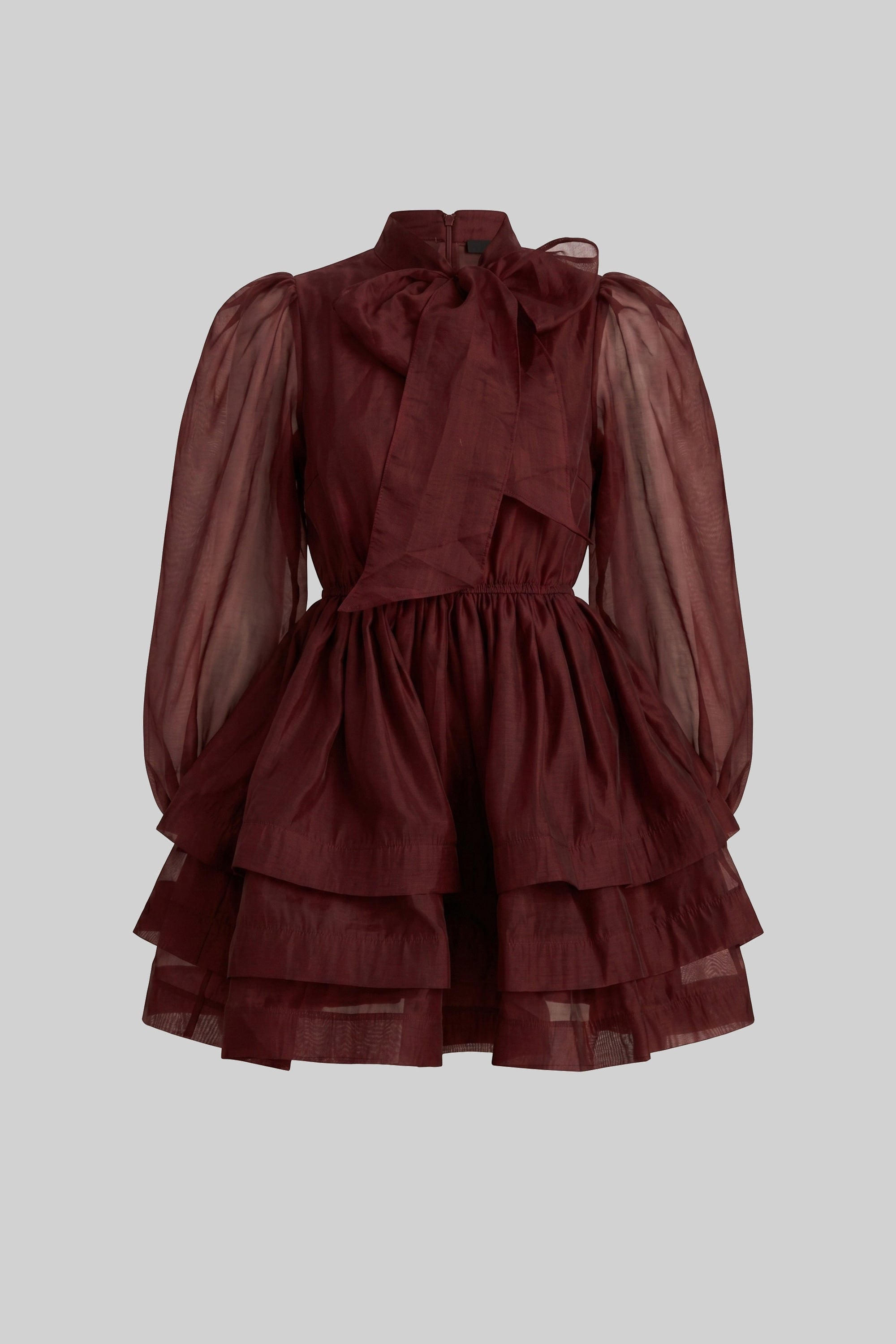 Rochie mini cu guler înalt, mâneci bufante, fustă cu volane în straturi și fundă - Wine