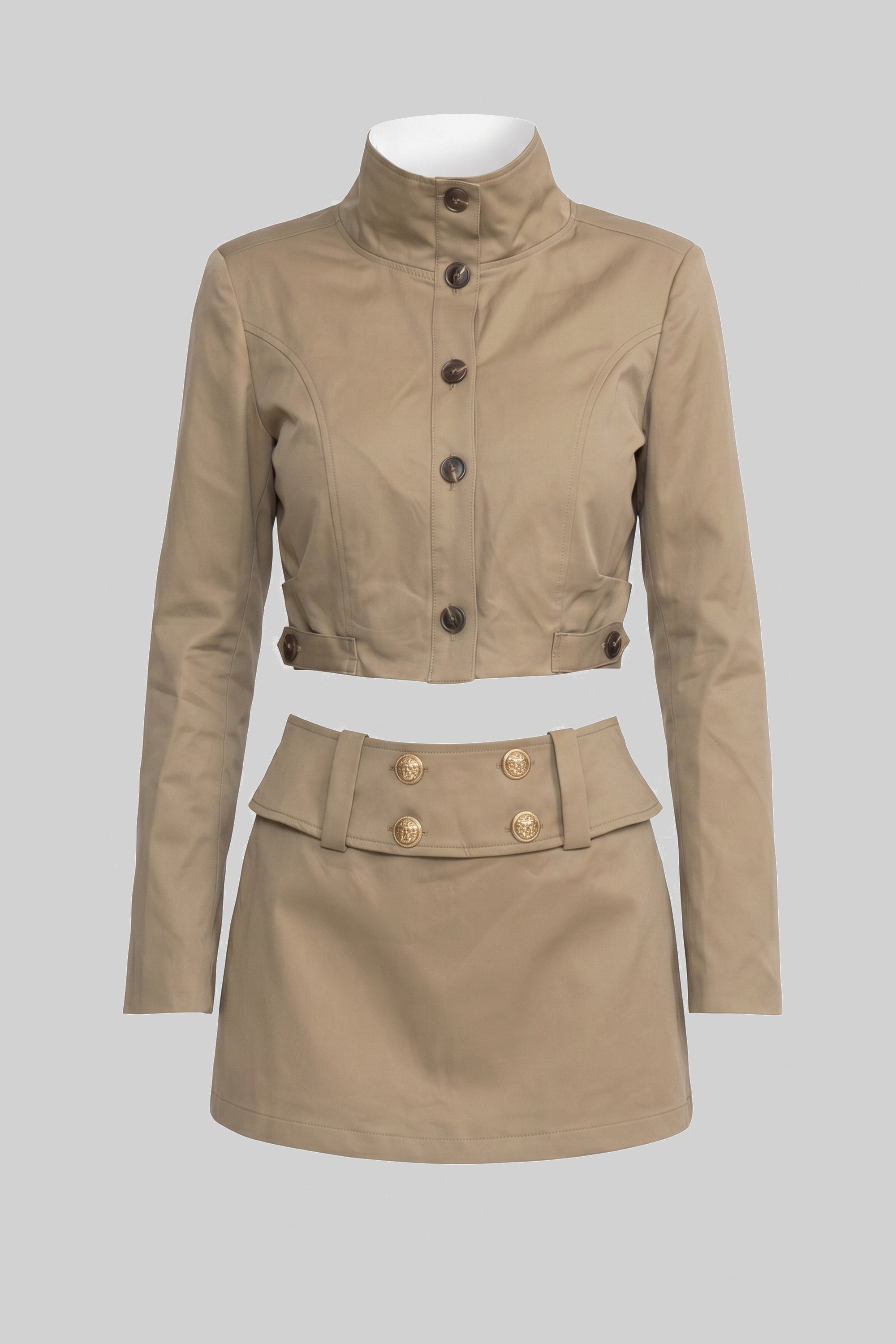 Set coordonat cu jachetă scurtă cu închidere dublă și fustă mini - Khaki