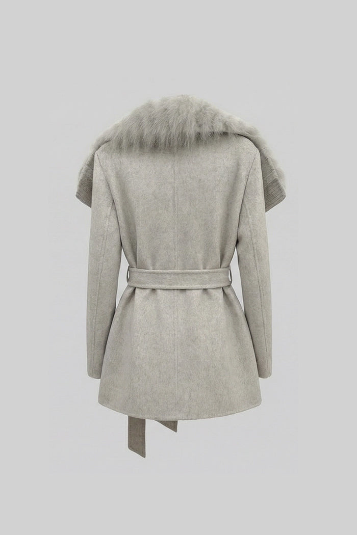 Wool Coat with Oversized Fur Collar And Belt - Light Grey