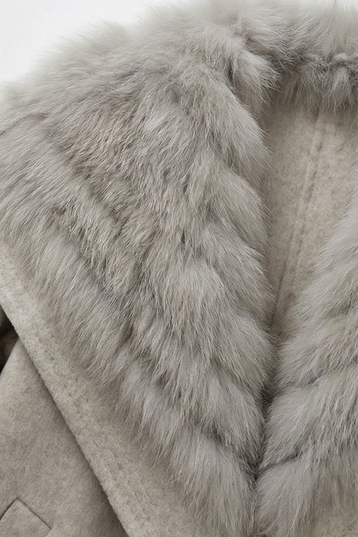 Wool Coat with Oversized Fur Collar And Belt - Light Grey