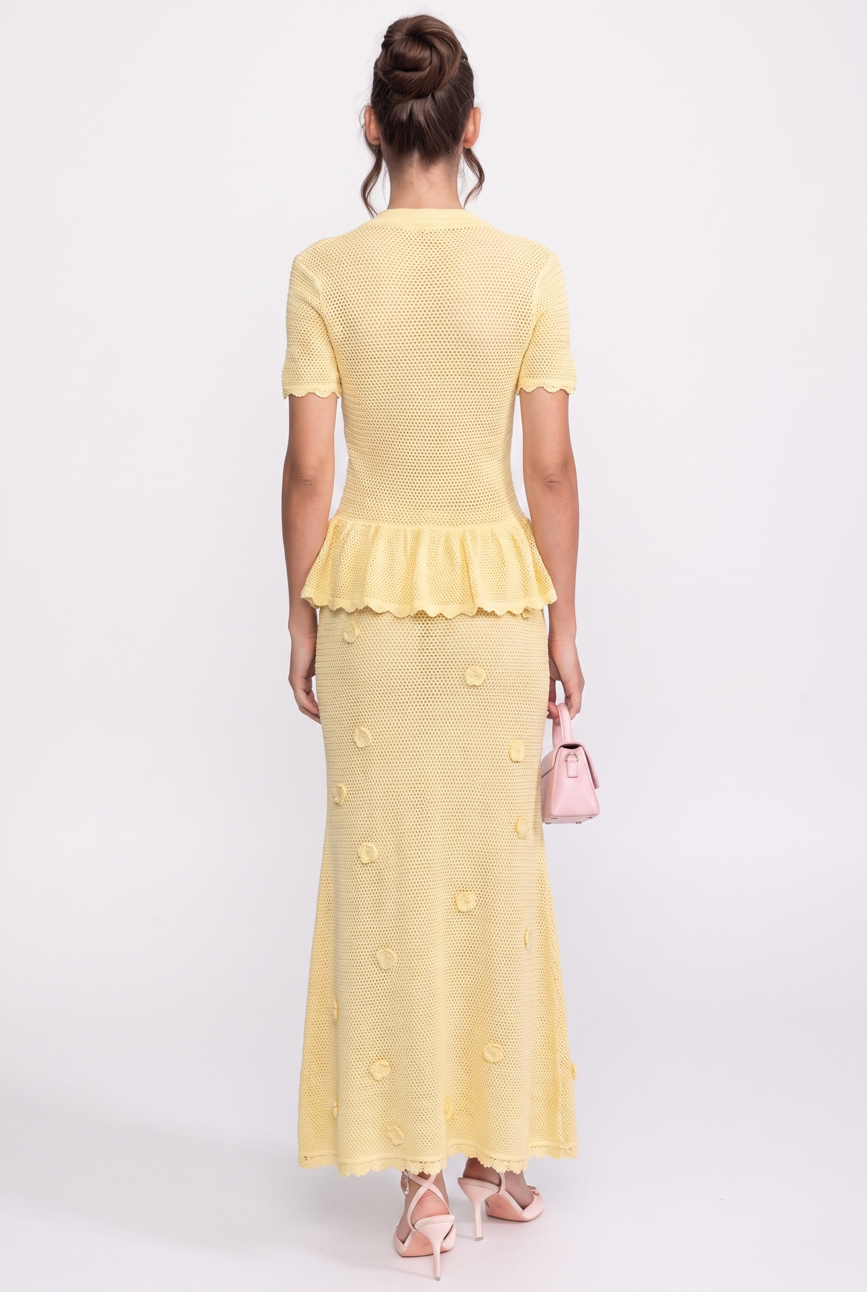 Rochie maxi peplum din croșetă florală, cu talie ajustabilă cu șnur - Galben