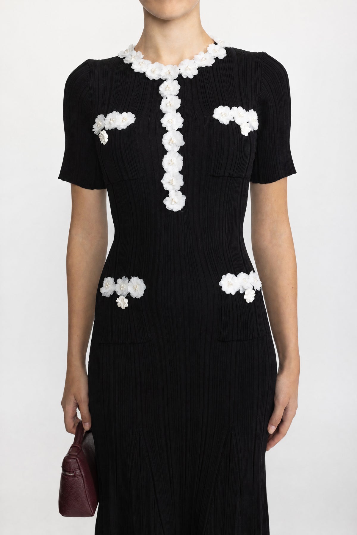 Ribbed Knit Flower Appliqué Midi Dress - Black