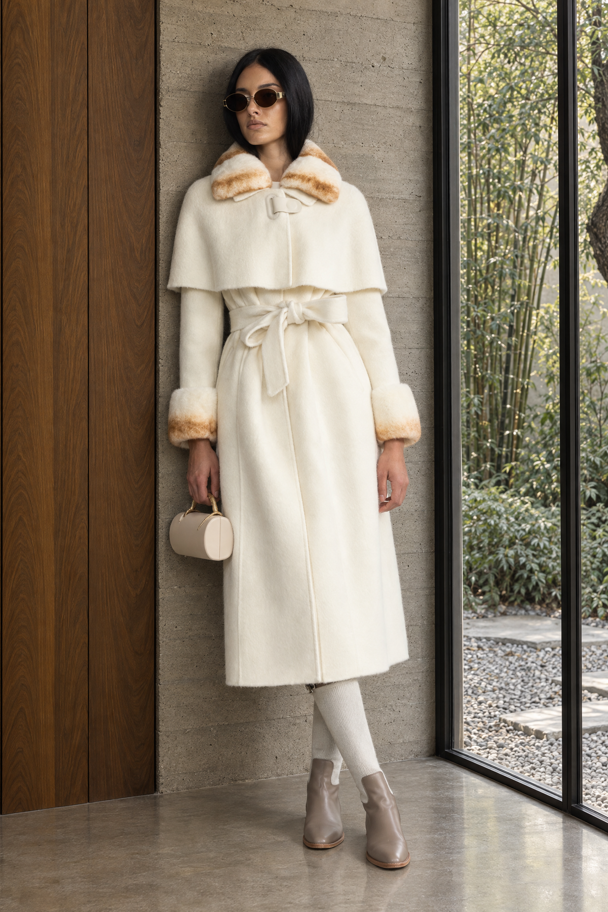 Rex Rabbit Fur Collar Capelet Wool Coat - Ivoire
