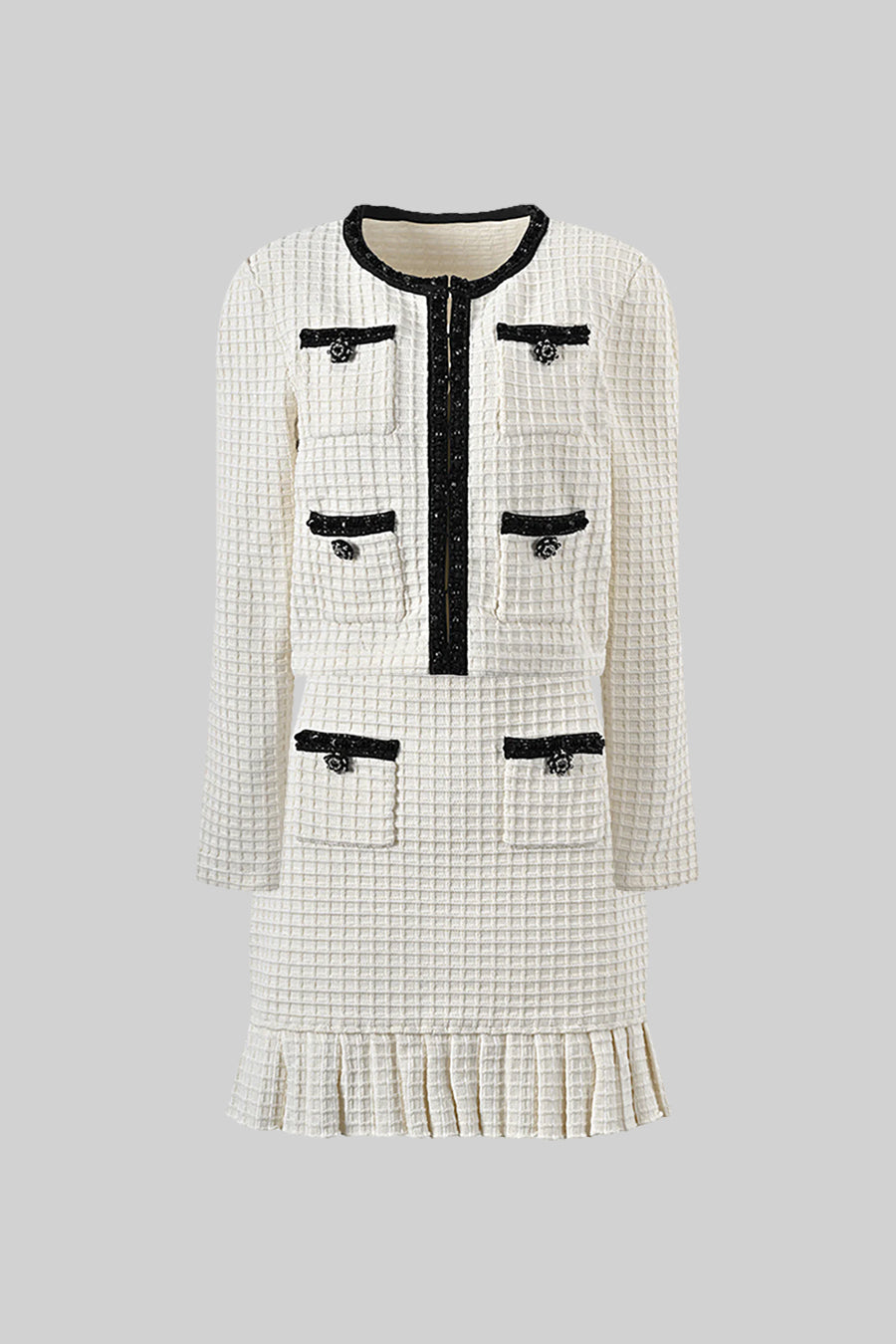 Set Tweed Co-Ord cu Detalii Negre - Ivoire