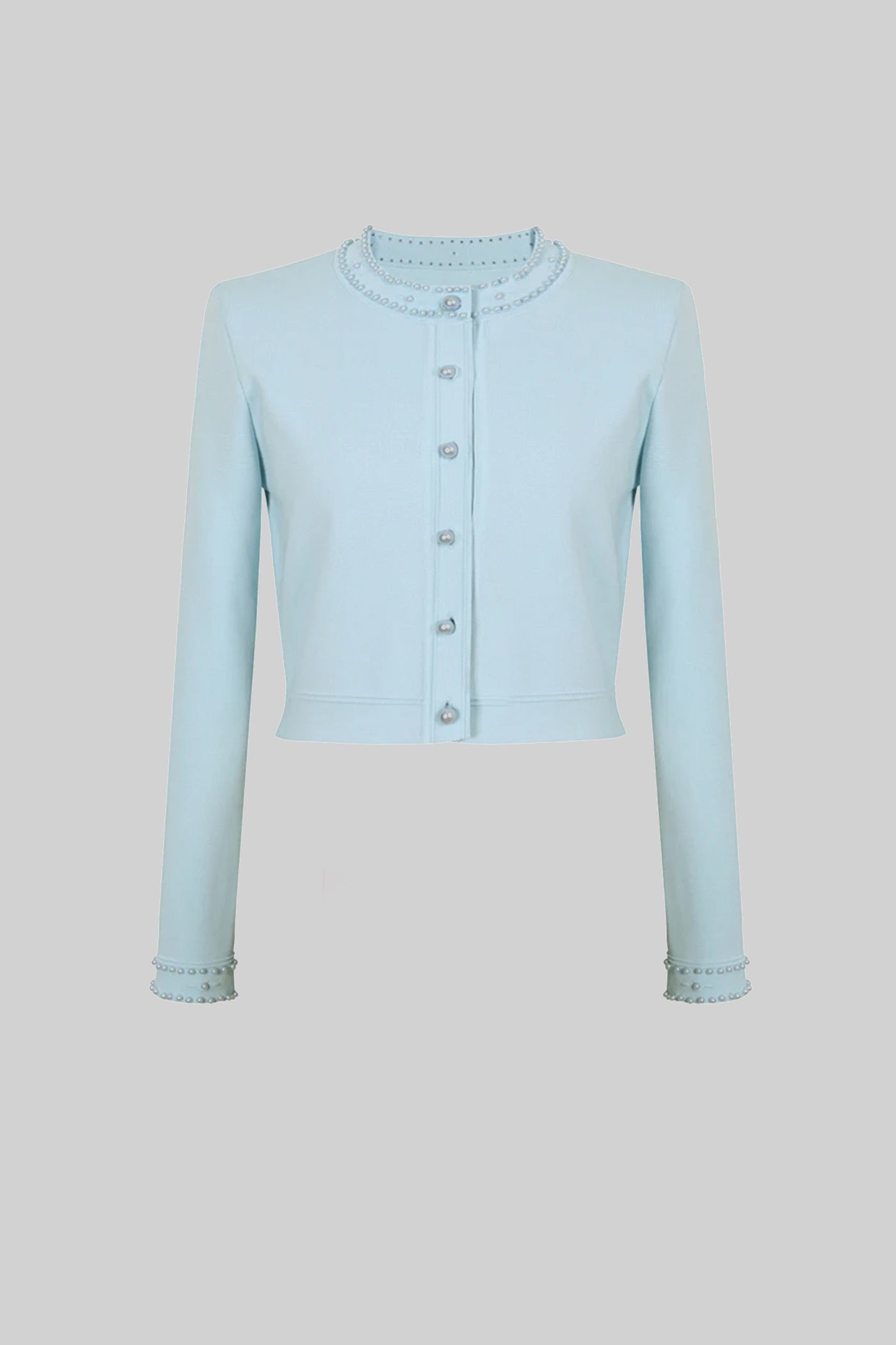Knitted Cardigan With Pearl Buttons And Embellishments - Blue