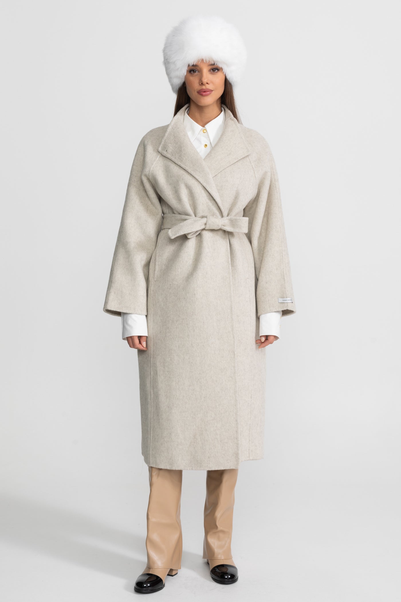 Belted Midi Coat With High Neckline - Beige
