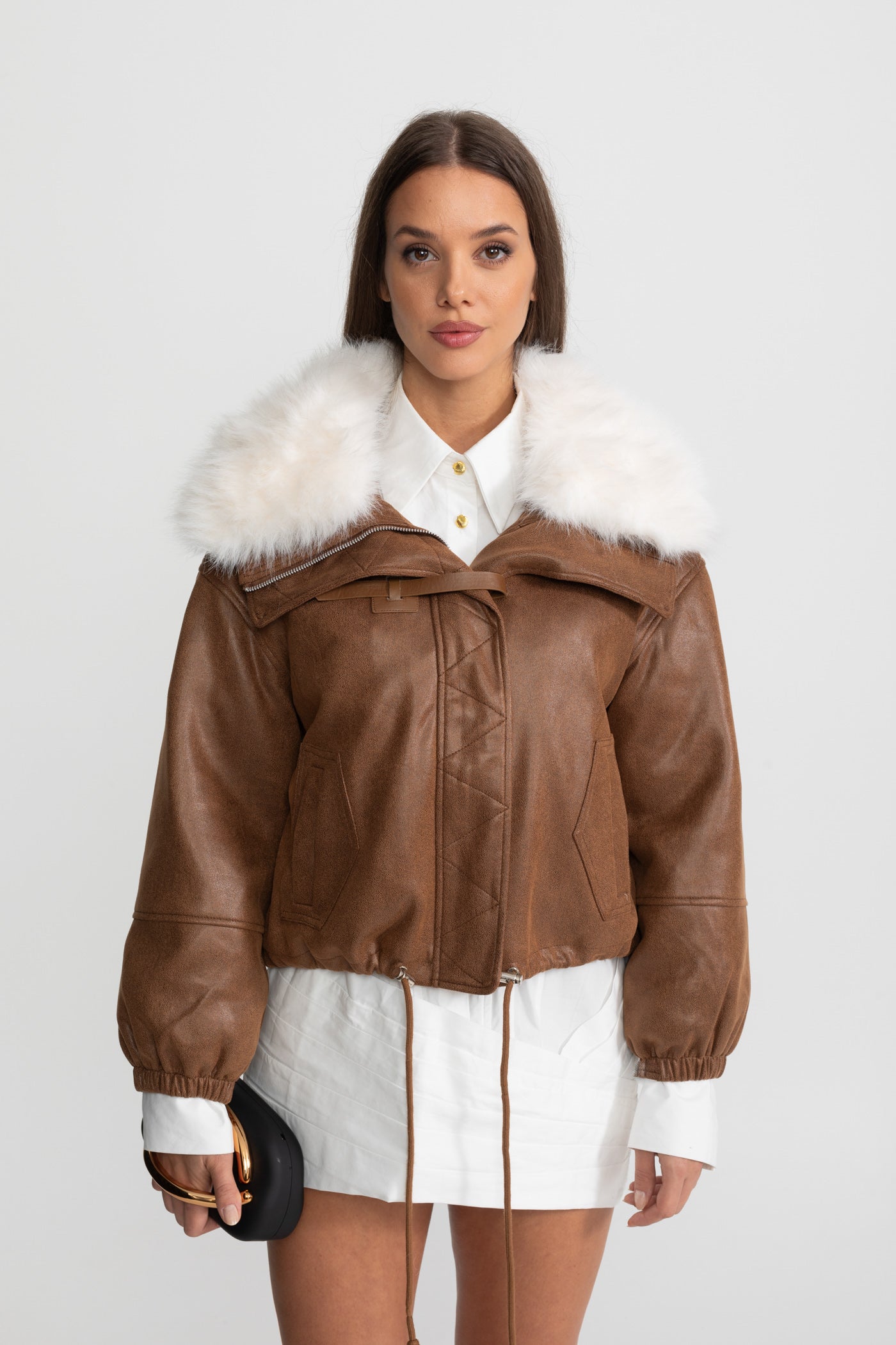 Cropped Suede Jacket With Faux Fur Collar – Brown