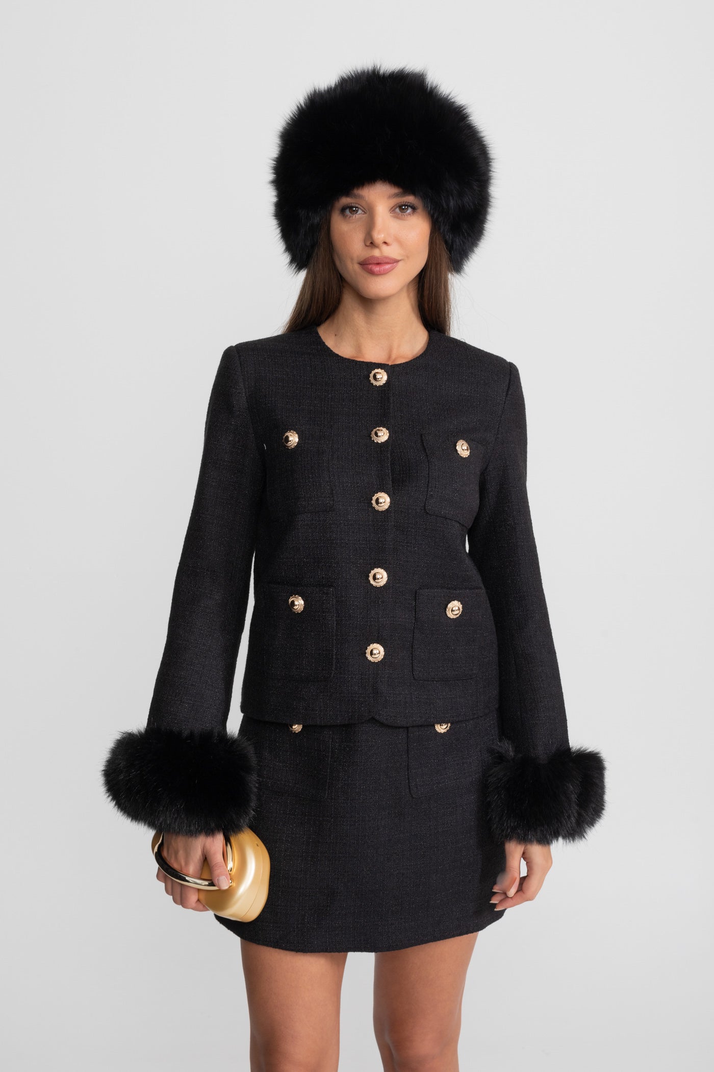 Tweed Mini Skirt With Gold Buttons – Black