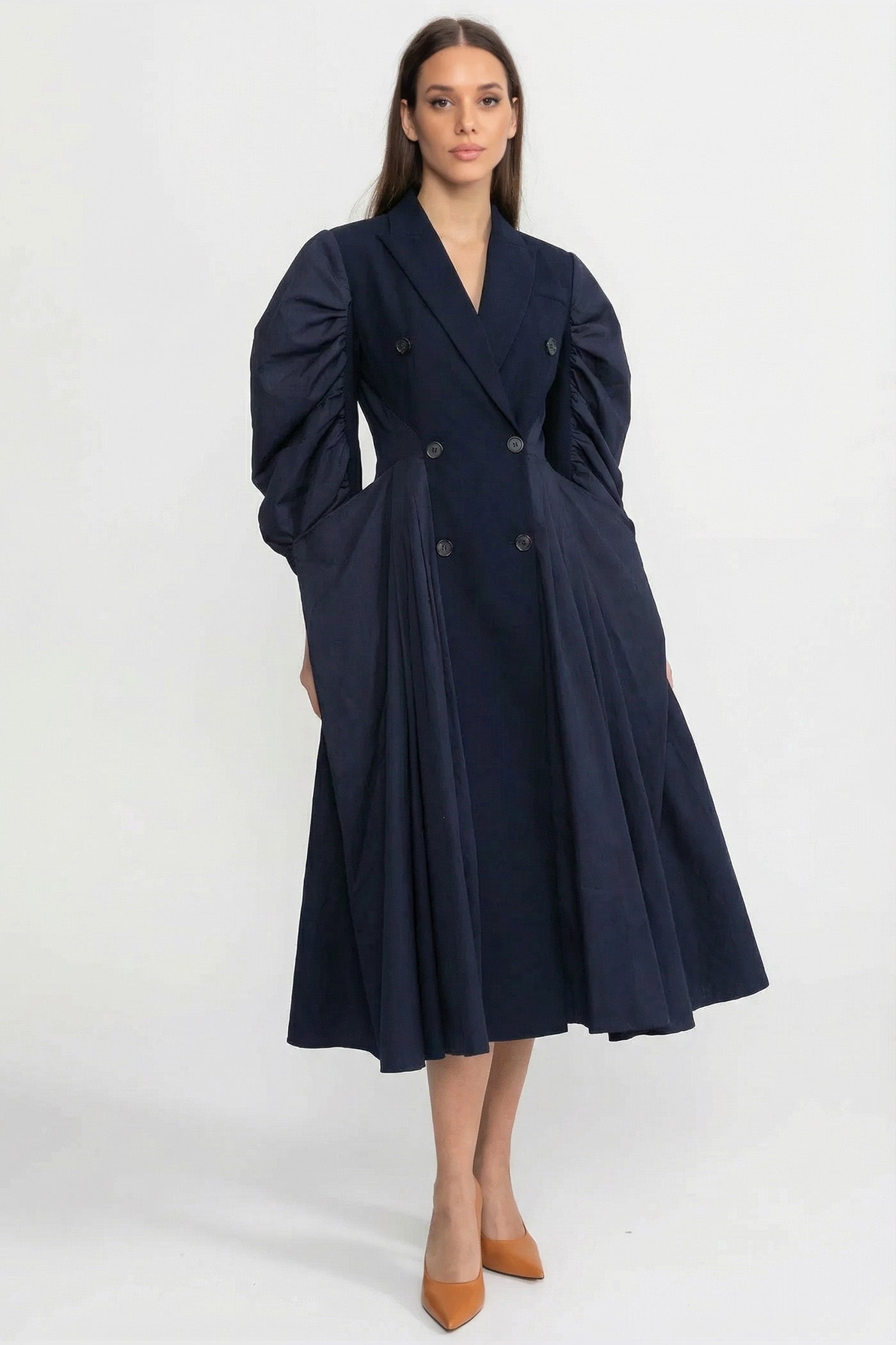 Rochie midi cu nasturi dubli și mâneci voluminoase adunate - Navy