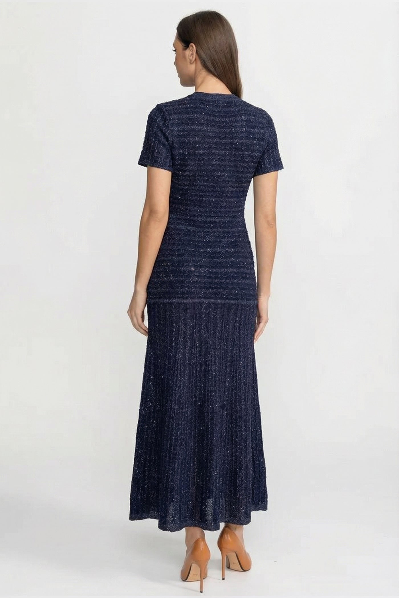 Rochie midi cu mâneci scurte, textură tricotată cu sclipiri - Navy