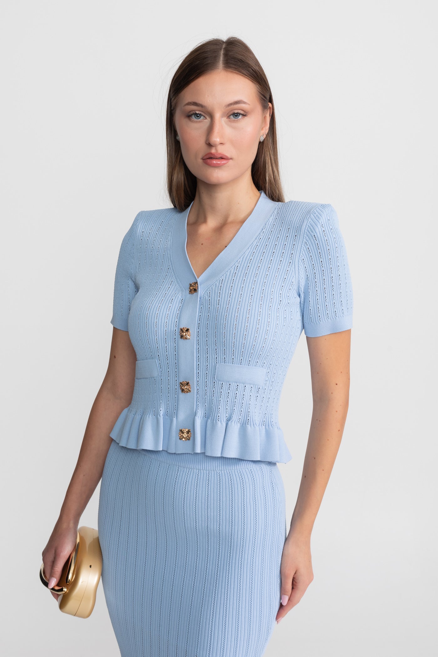 Set Midi Tricotat cu Talie Peplum și Nasturi Aurii – Baby Blue