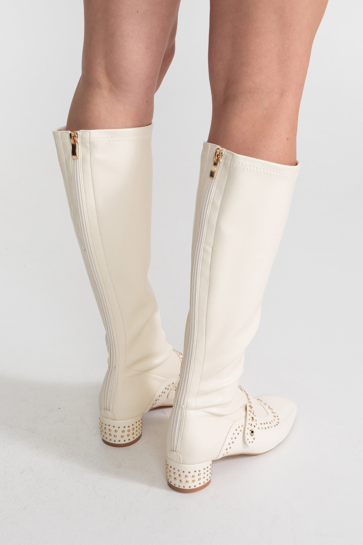 Studded Knee-High Boots With Strap Detail – Ivoire