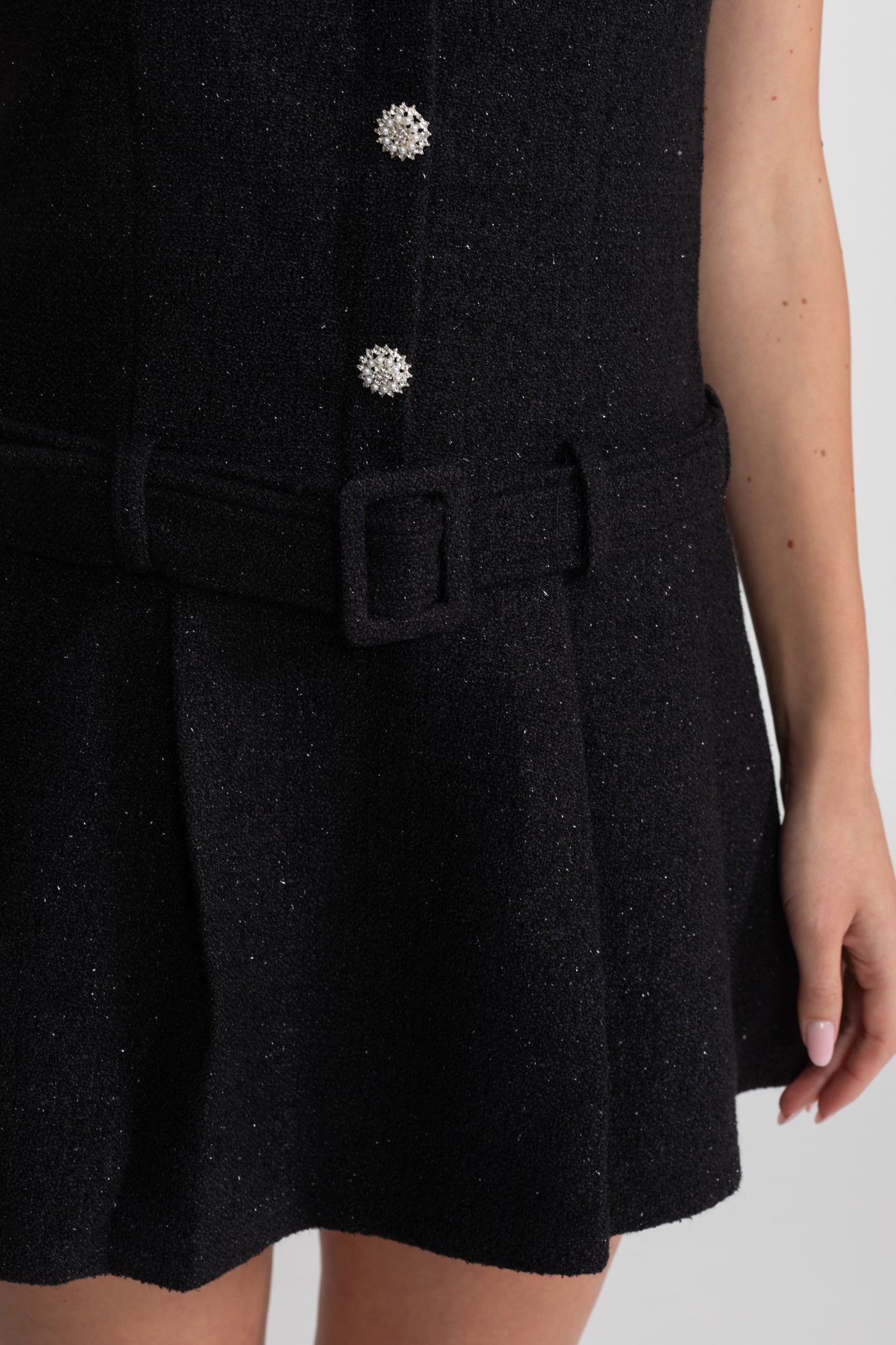 Rochie mini din tweed cu cristale și curea – Negru