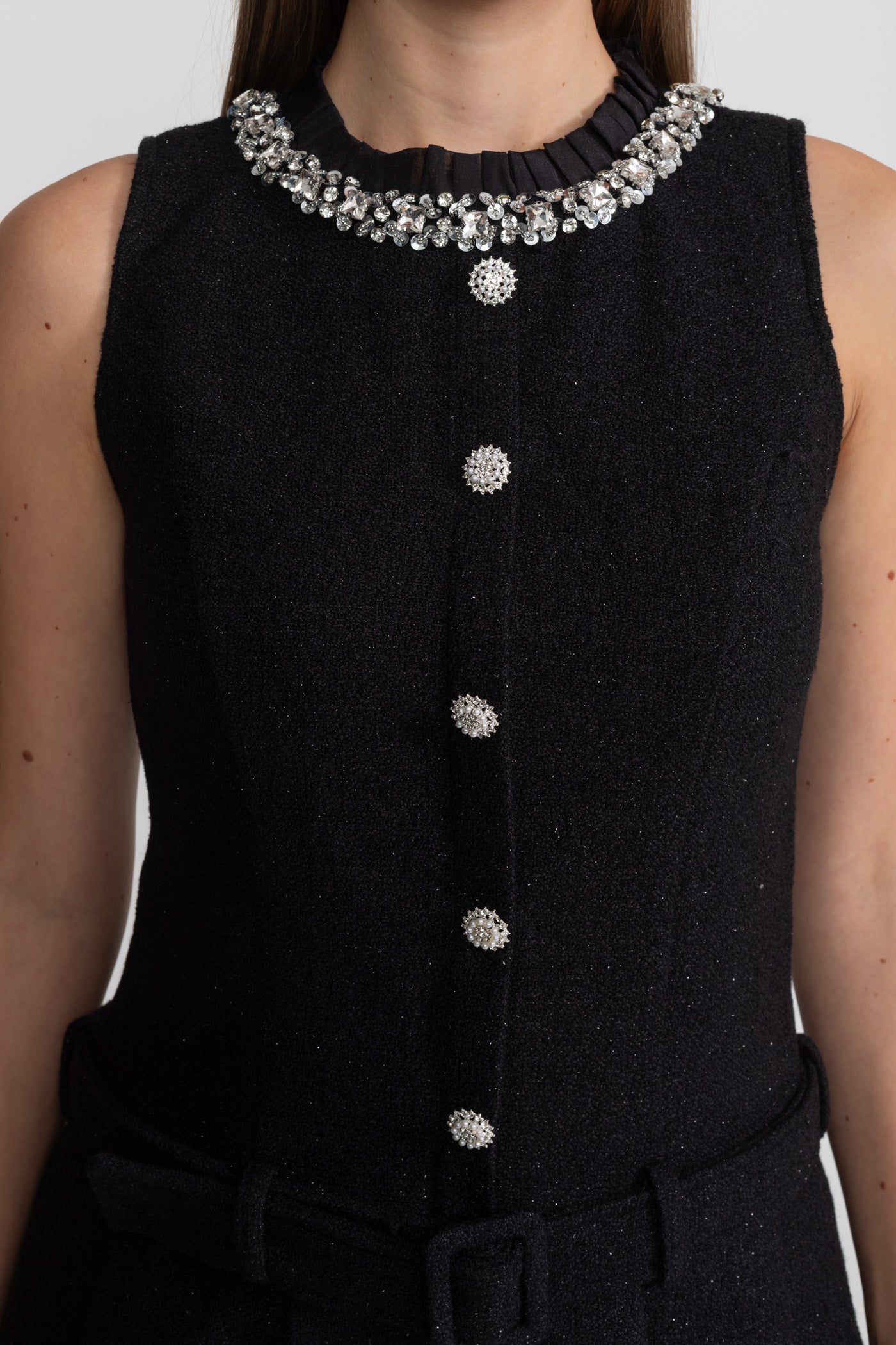 Rochie mini din tweed cu cristale și curea – Negru