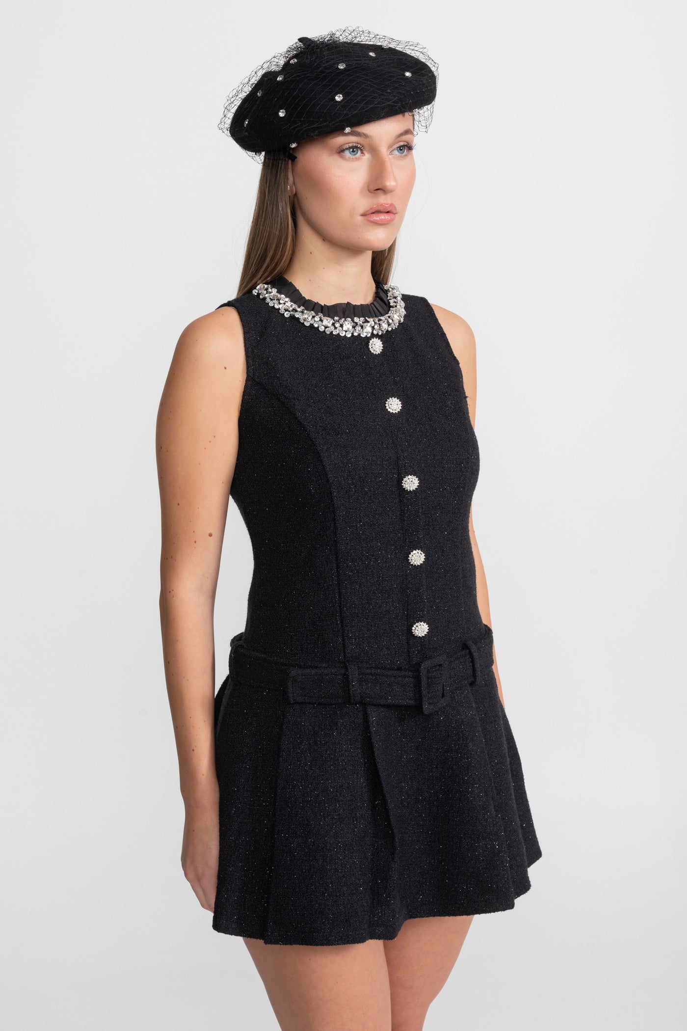 Rochie mini din tweed cu cristale și curea – Negru