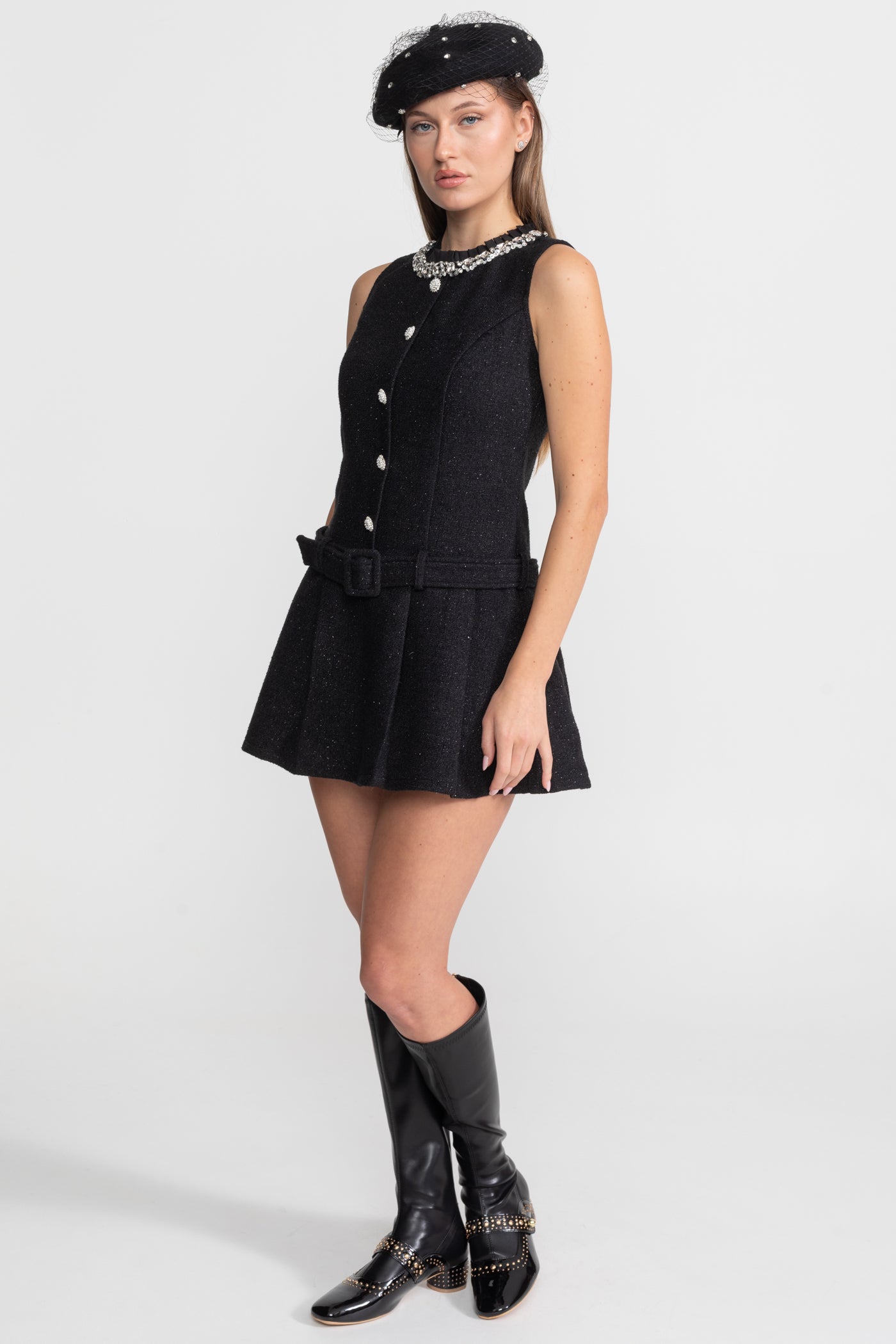 Rochie mini din tweed cu cristale și curea – Negru
