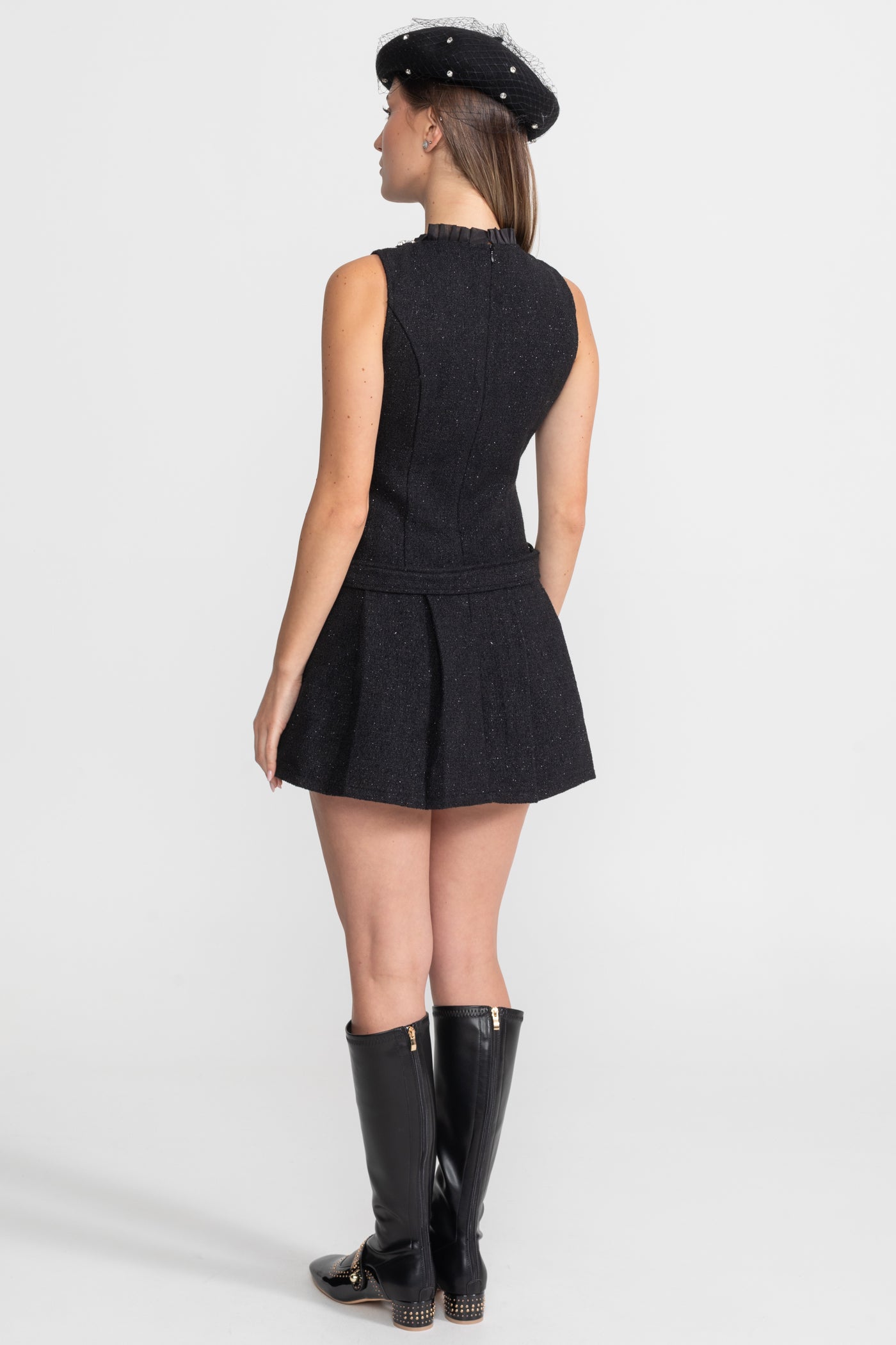 Rochie mini din tweed cu cristale și curea – Negru