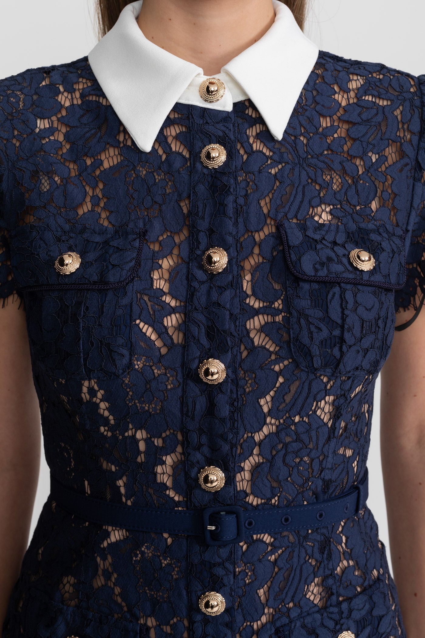 Rochie midi din dantelă florală cu guler croitorit și talie cu curea - Navy