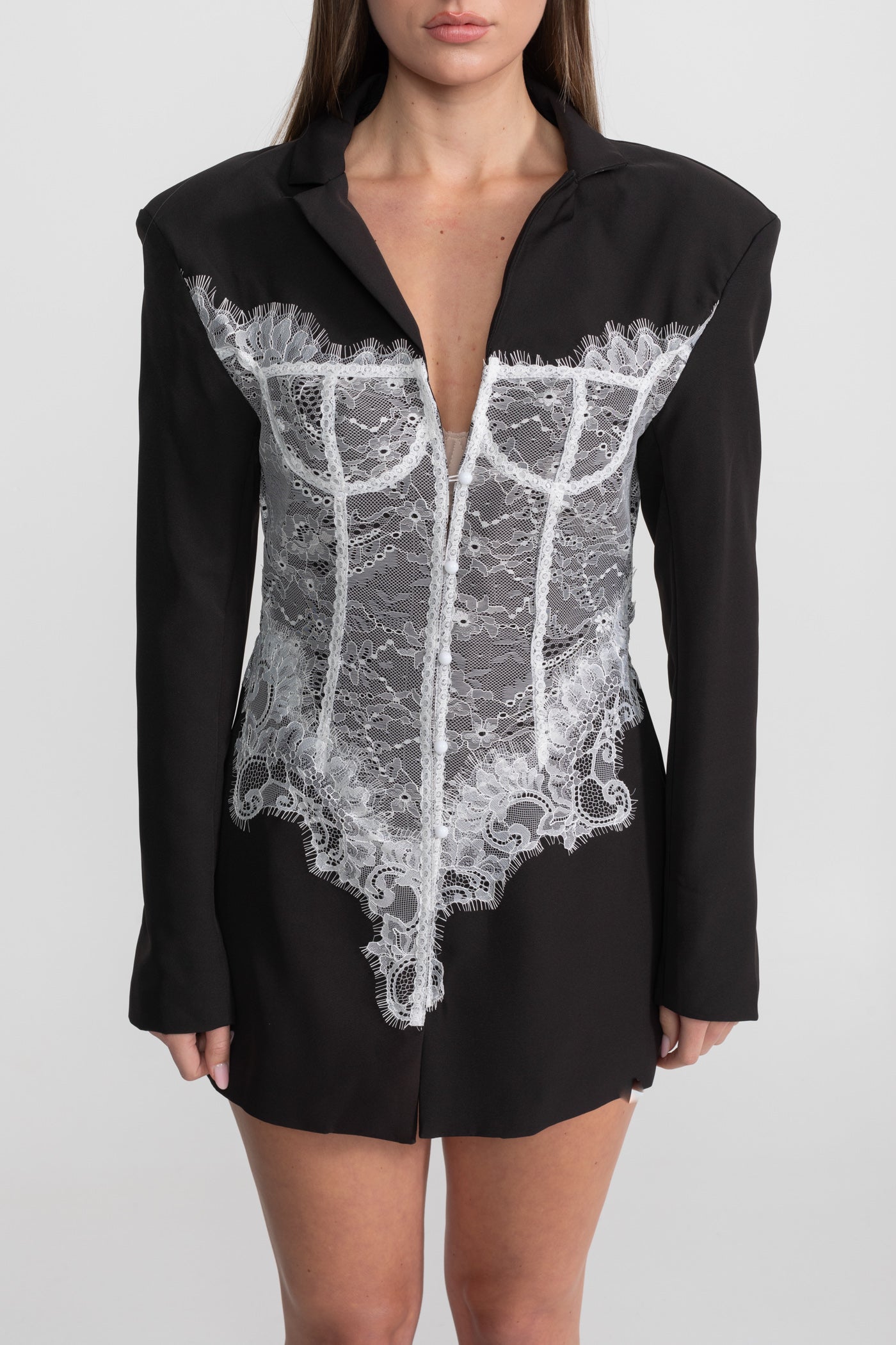 Rochie Blazer cu Corset de Dantelă și Decolteu Adânc în V – Negru