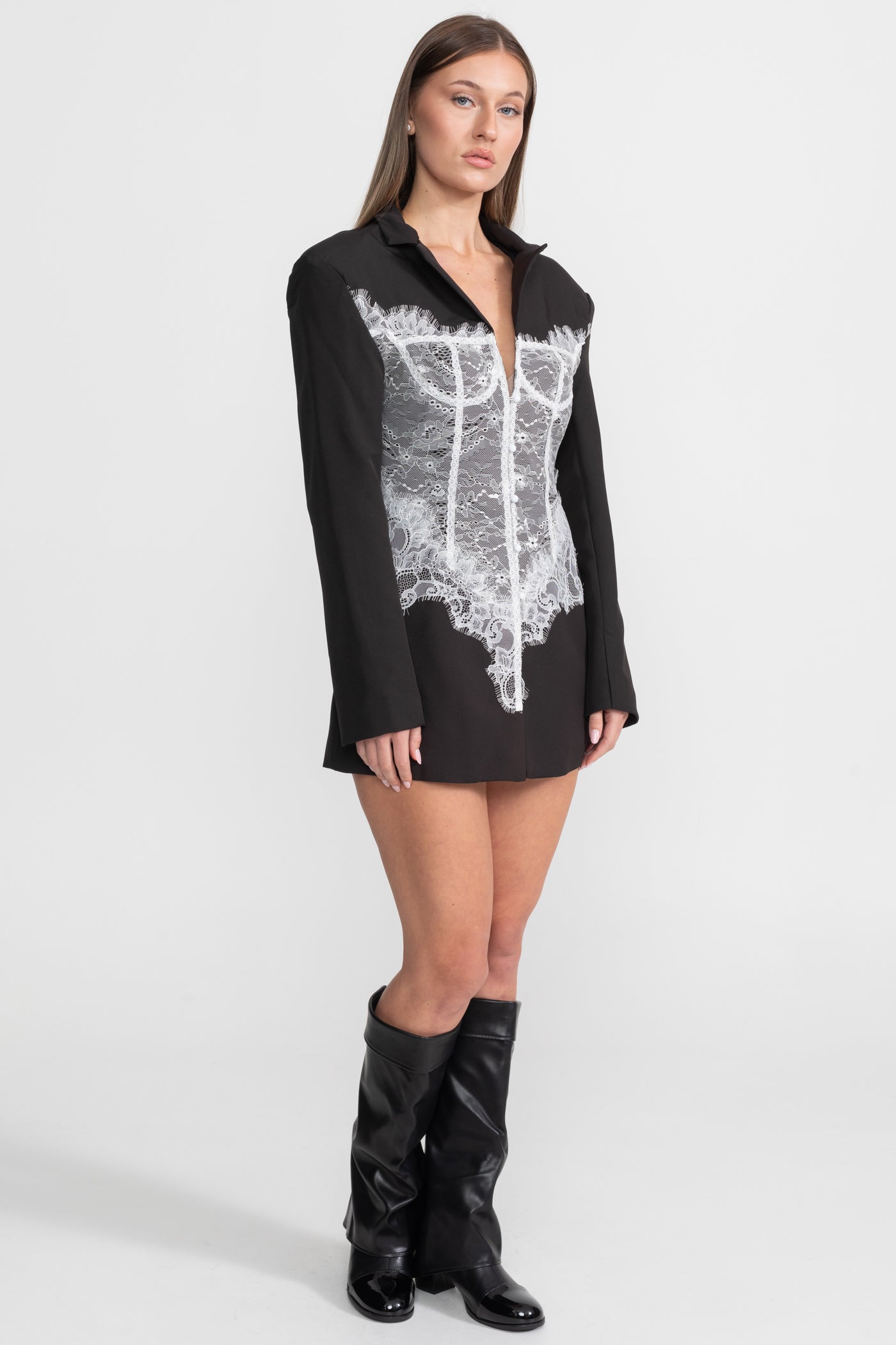 Lace Corset Blazer Dress With Deep V-neckline – Black